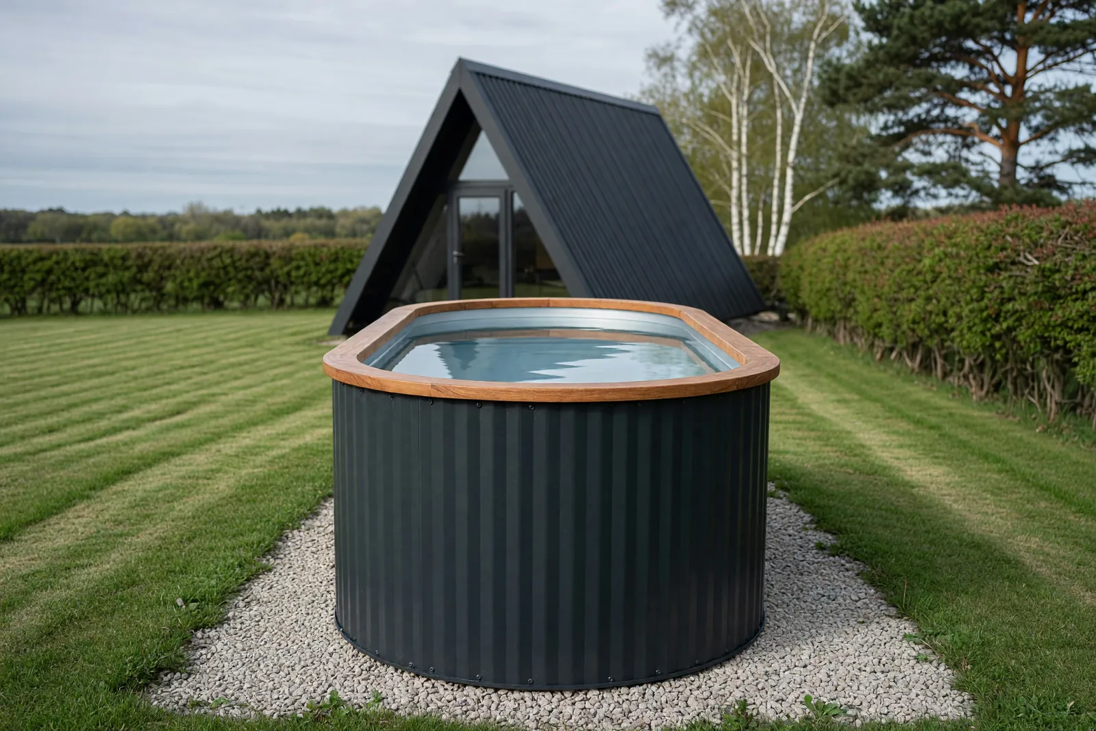 Concept visualisation, not a photograph: cold plunge — round in corrugated powder-coated steel.