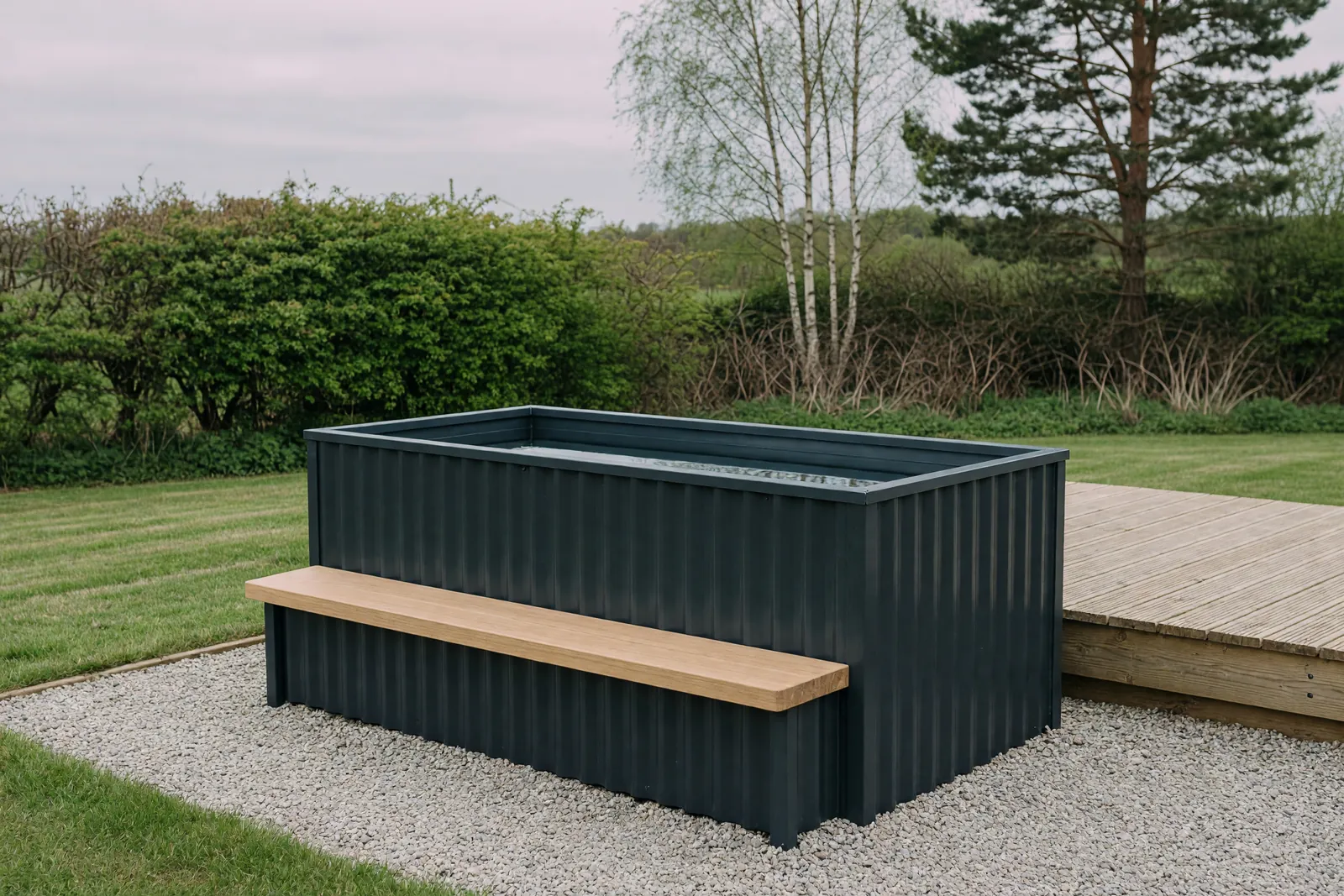 Concept visualisation, not a photograph: cold plunge — trough in corrugated powder-coated steel.