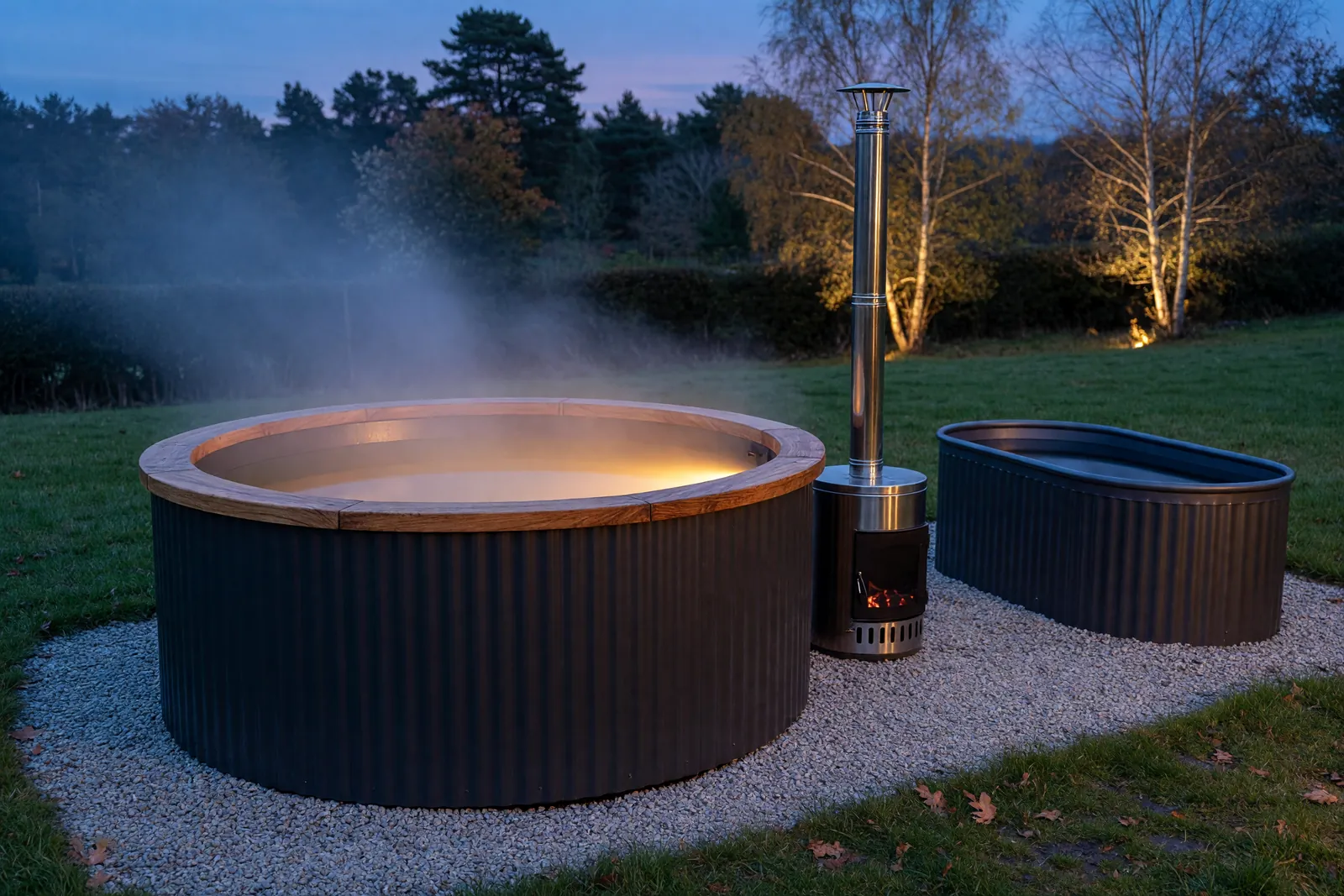 Concept visualisation, not a photograph: wood-fired hot tub in corrugated powder-coated steel.
