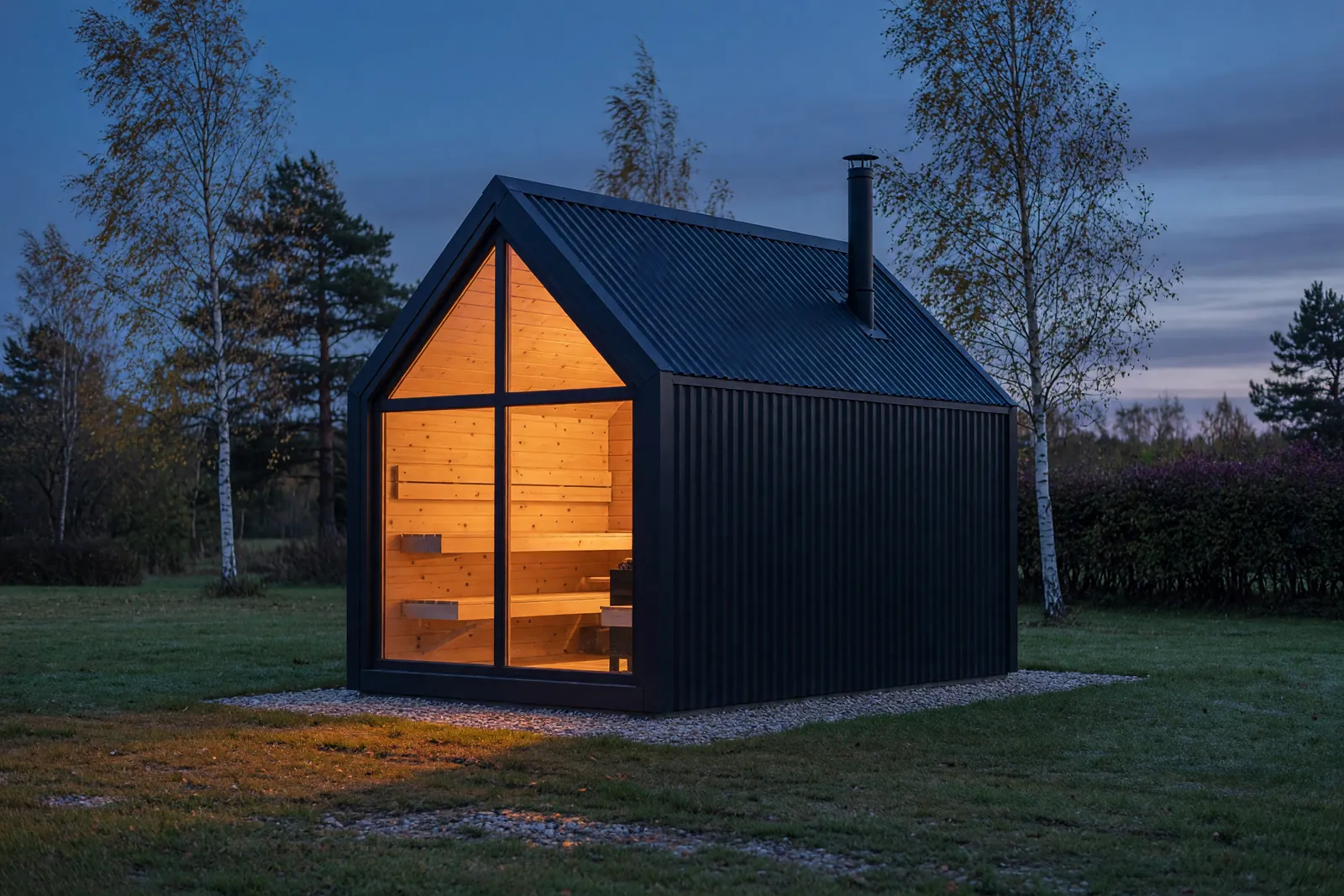 Concept visualisation, not a photograph: sauna pod in corrugated powder-coated steel.