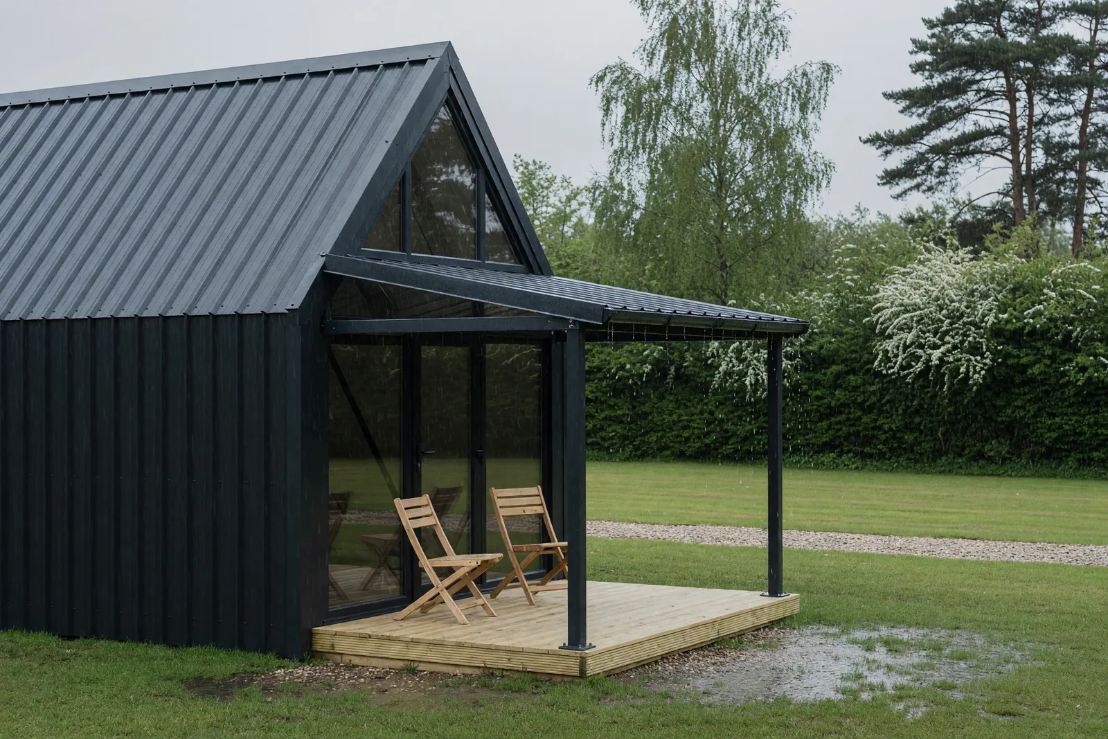Concept visualisation, not a photograph: veranda & rain canopy in corrugated powder-coated steel.