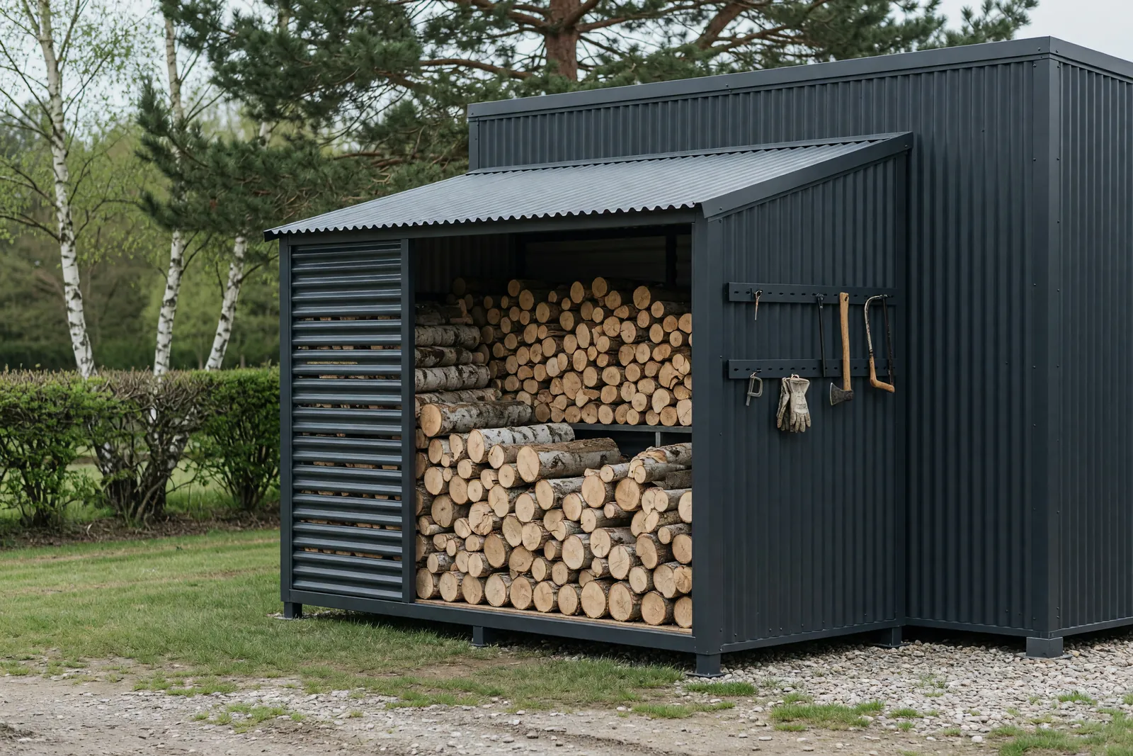 Concept visualisation, not a photograph: log store in corrugated powder-coated steel.
