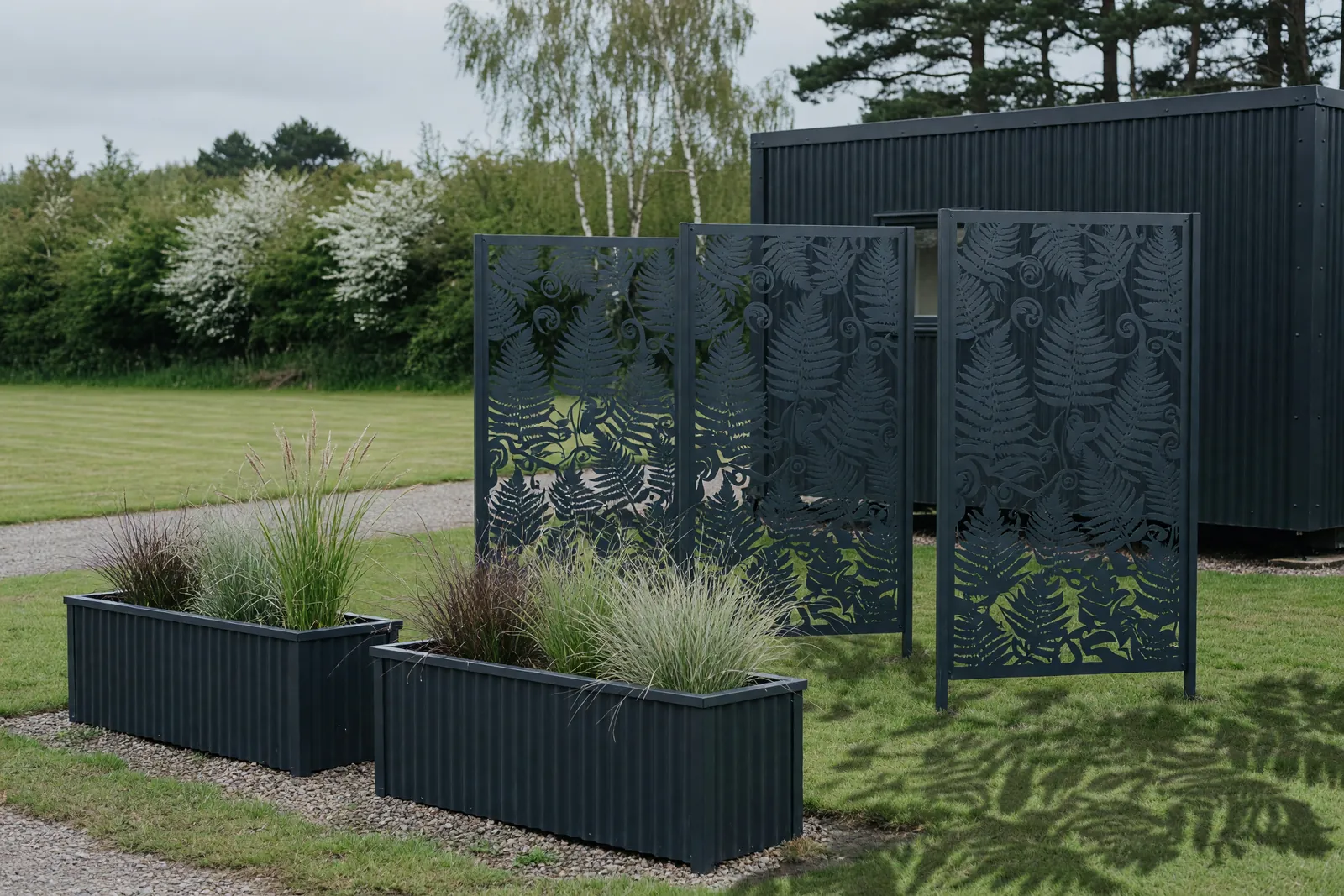 Concept visualisation, not a photograph: privacy screens & planters in corrugated powder-coated steel.