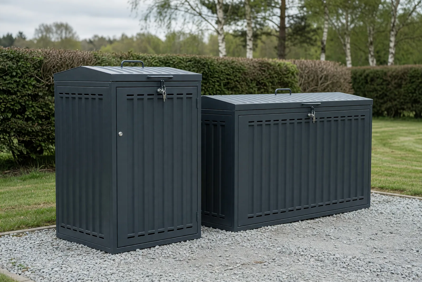 Concept visualisation, not a photograph: bin store & bike locker in corrugated powder-coated steel.