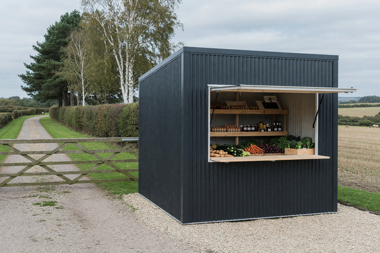 Concept visualisation, not a photograph: farm-gate kiosk in corrugated powder-coated steel.