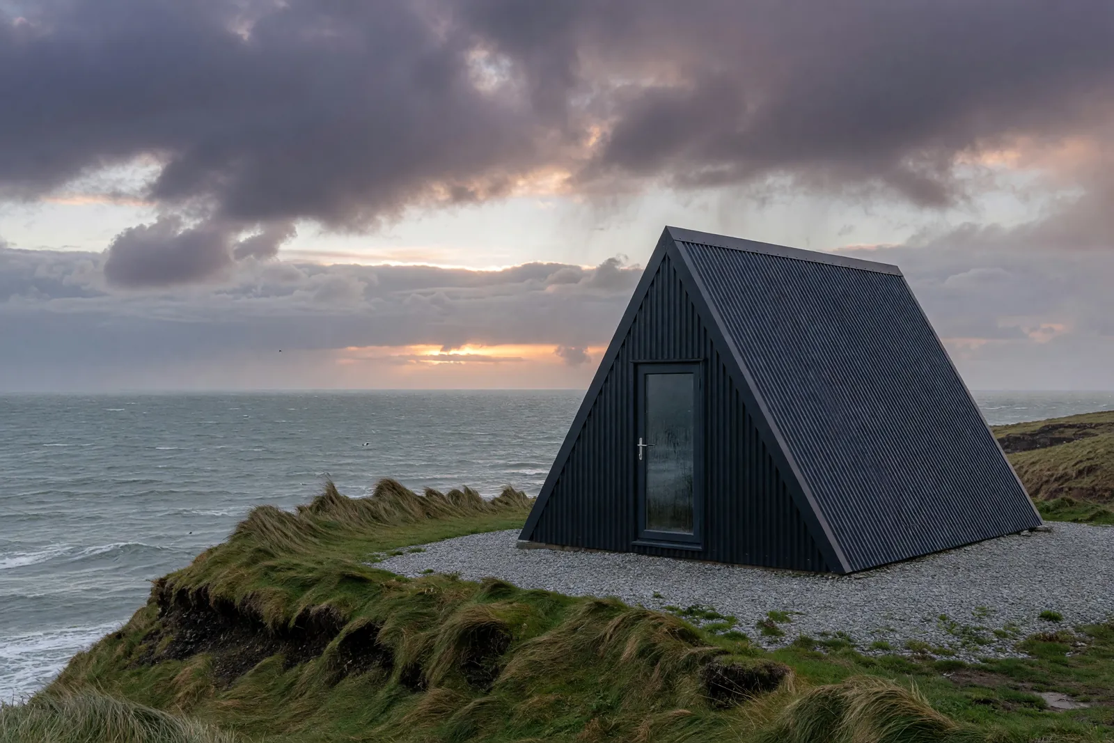 Concept visualisation, not a photograph: clifftop in corrugated powder-coated steel.