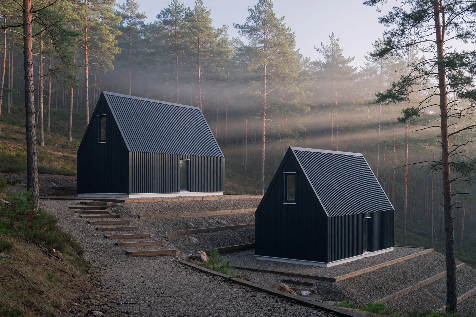 Concept visualisation, not a photograph: hillside pair in corrugated powder-coated steel.