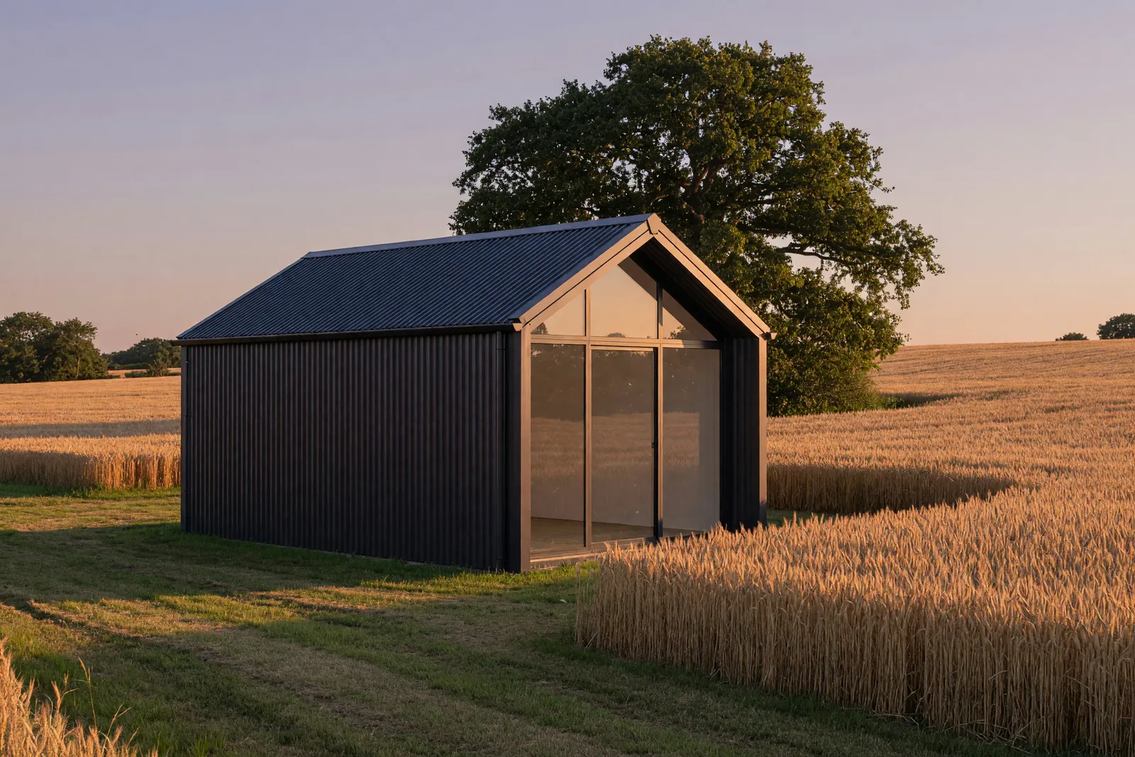 Concept visualisation, not a photograph: the gable at golden hour in corrugated powder-coated steel.