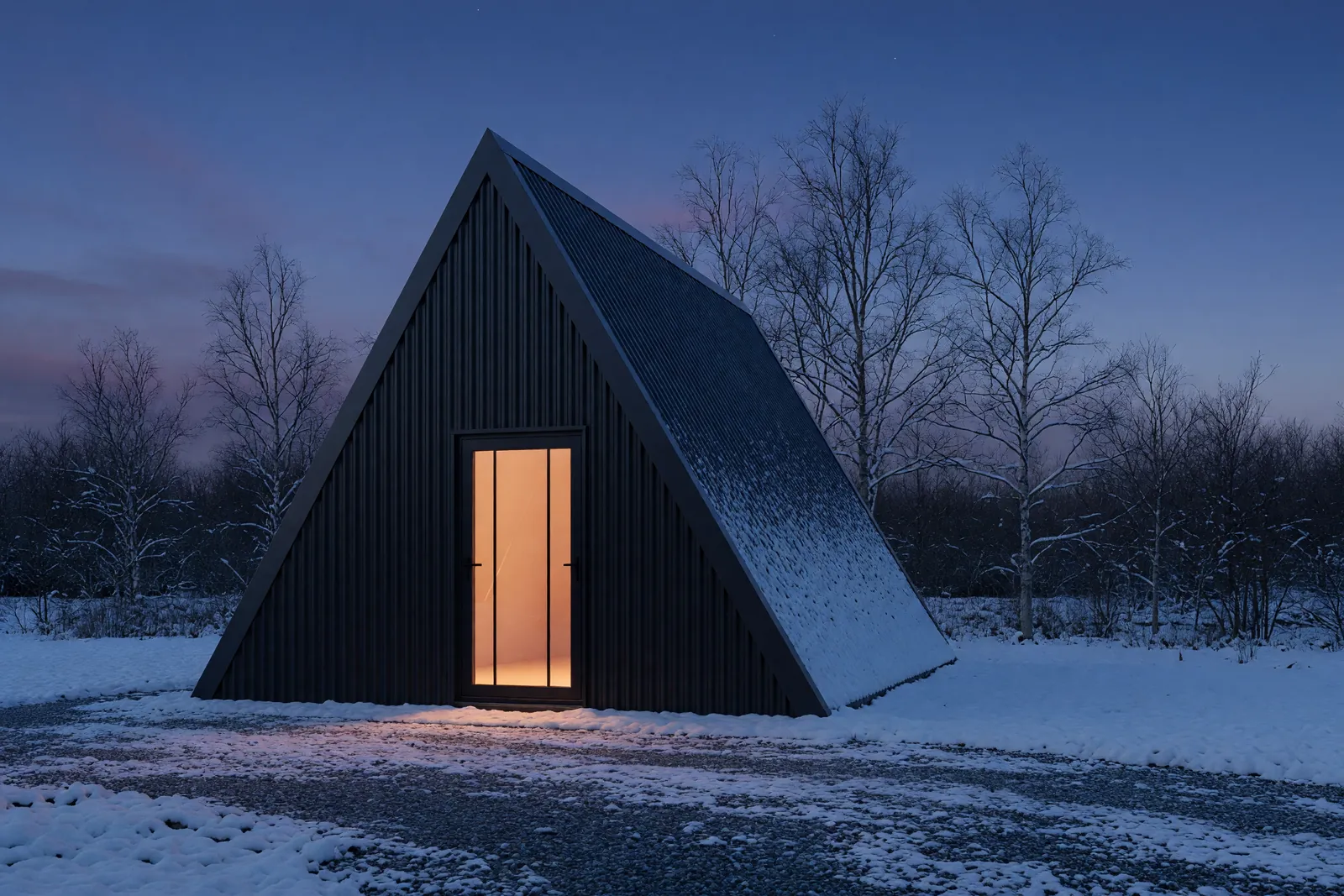 Concept visualisation, not a photograph: in the snow in corrugated powder-coated steel.