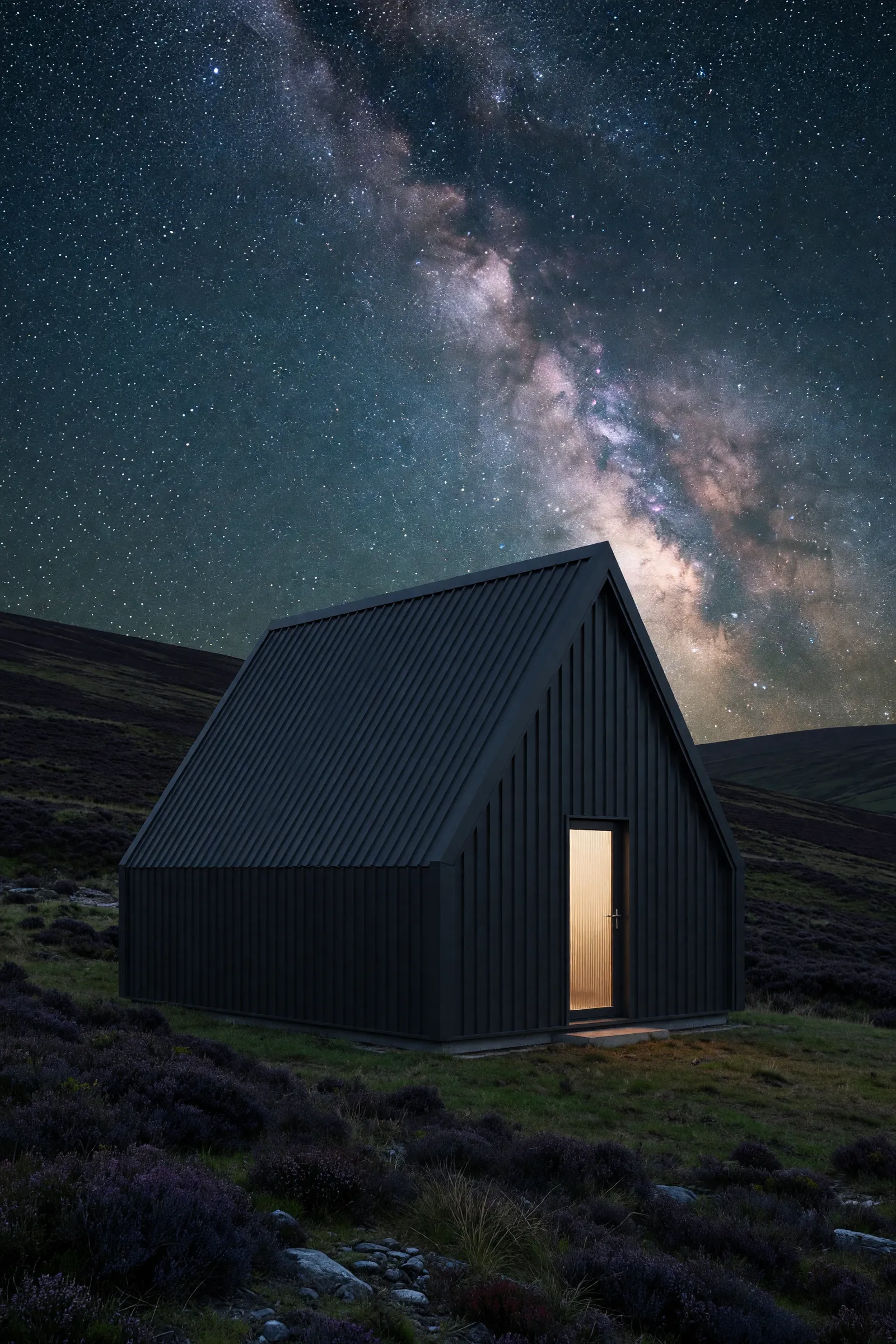 Concept visualisation, not a photograph: under the stars in corrugated powder-coated steel.