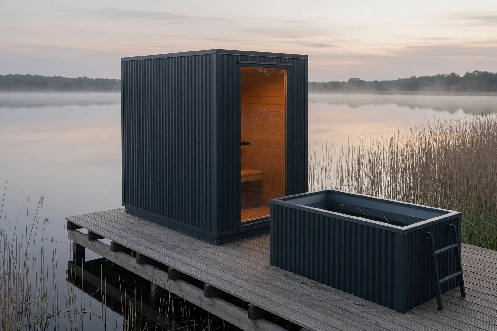 Concept visualisation, not a photograph: lakeside wellness deck in corrugated powder-coated steel.