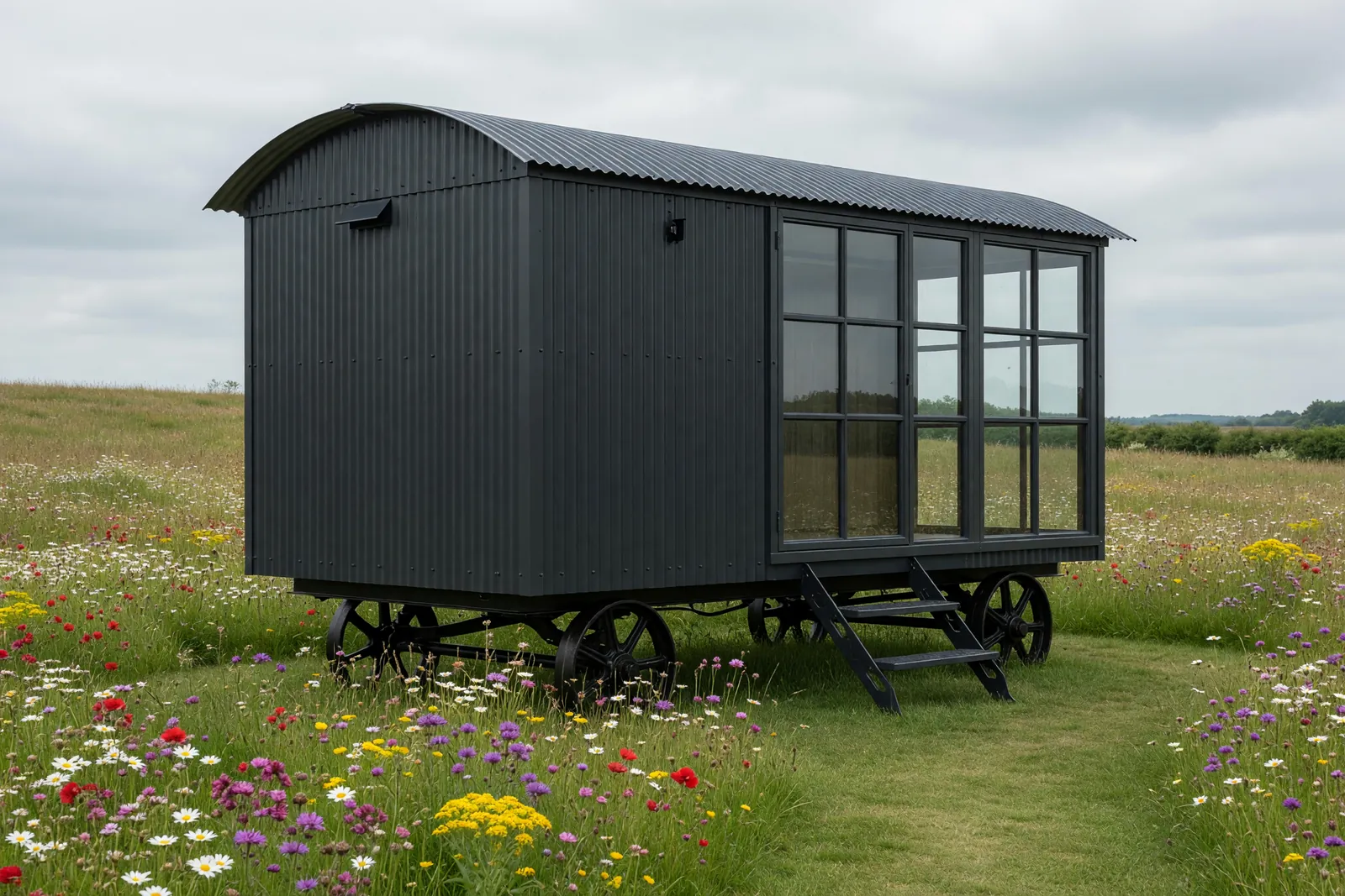 Concept visualisation, not a photograph: shepherd's hut in corrugated powder-coated steel.