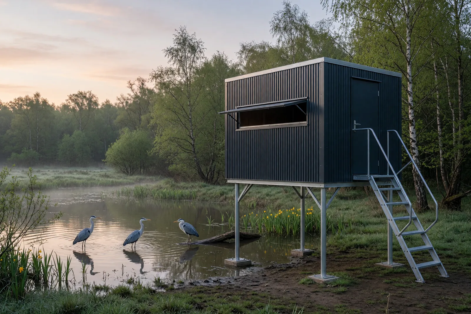 Concept visualisation, not a photograph: lookout hide in corrugated powder-coated steel.