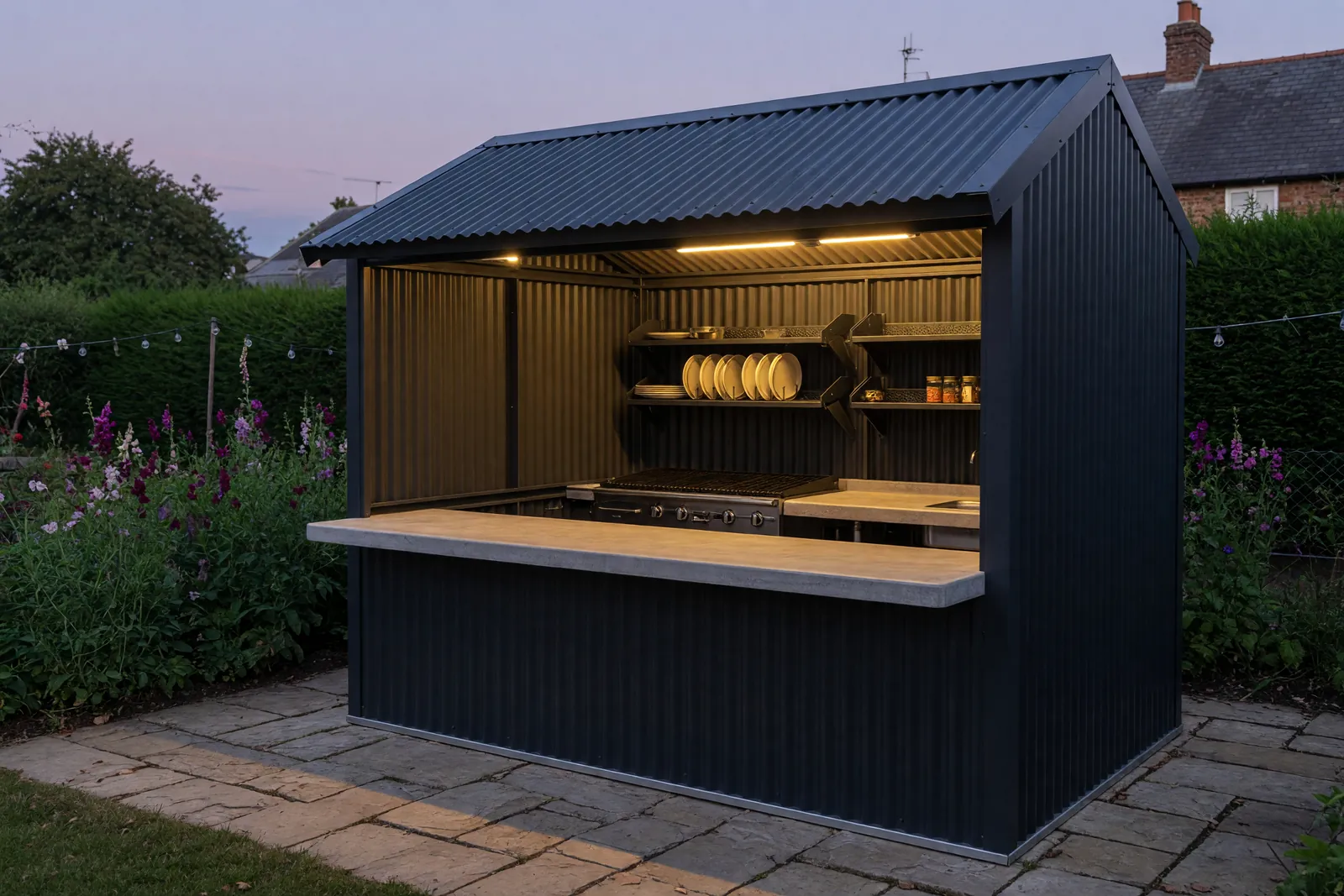 Concept visualisation, not a photograph: outdoor kitchen in corrugated powder-coated steel.