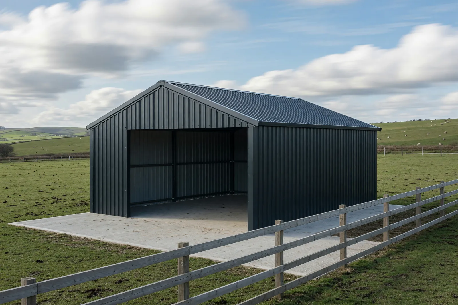 Concept visualisation, not a photograph: field shelter in corrugated powder-coated steel.