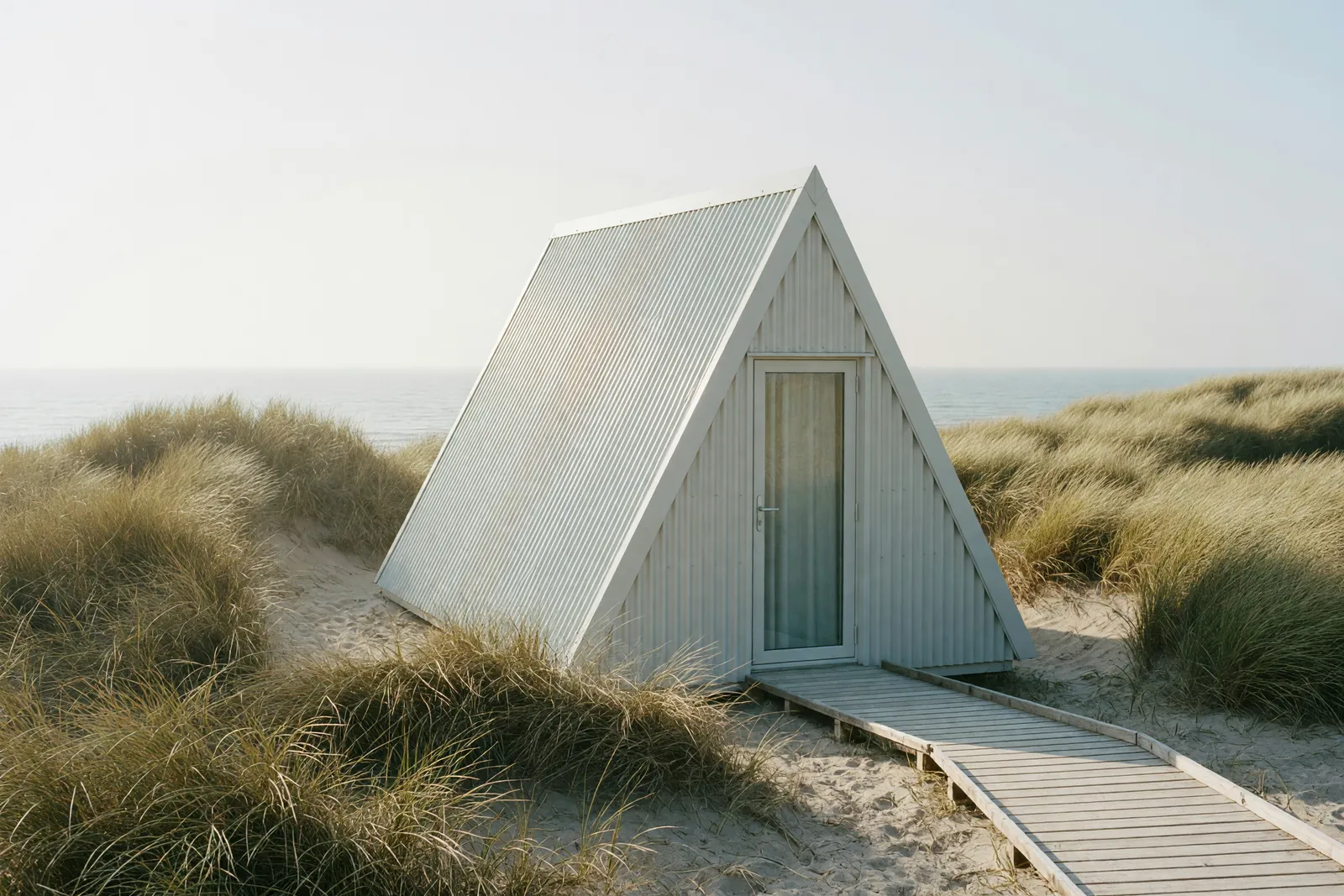 Concept visualisation, not a photograph: grey-white, in the dunes in corrugated powder-coated steel.