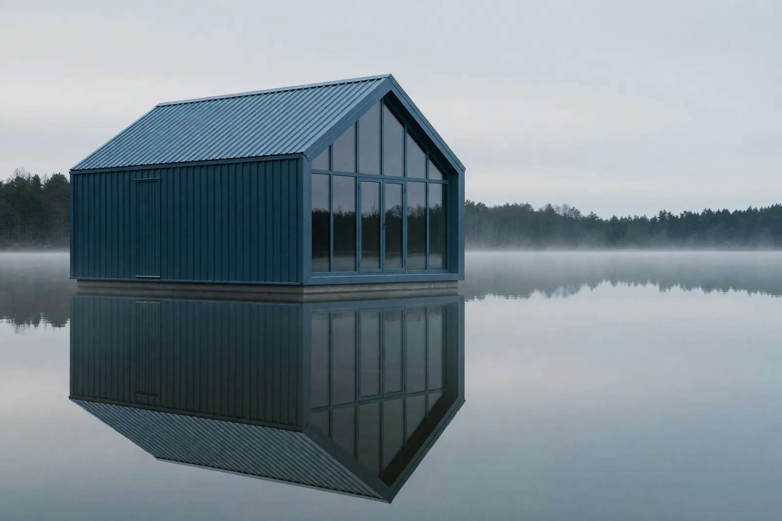 Concept visualisation, not a photograph: grey-blue, on the water in corrugated powder-coated steel.