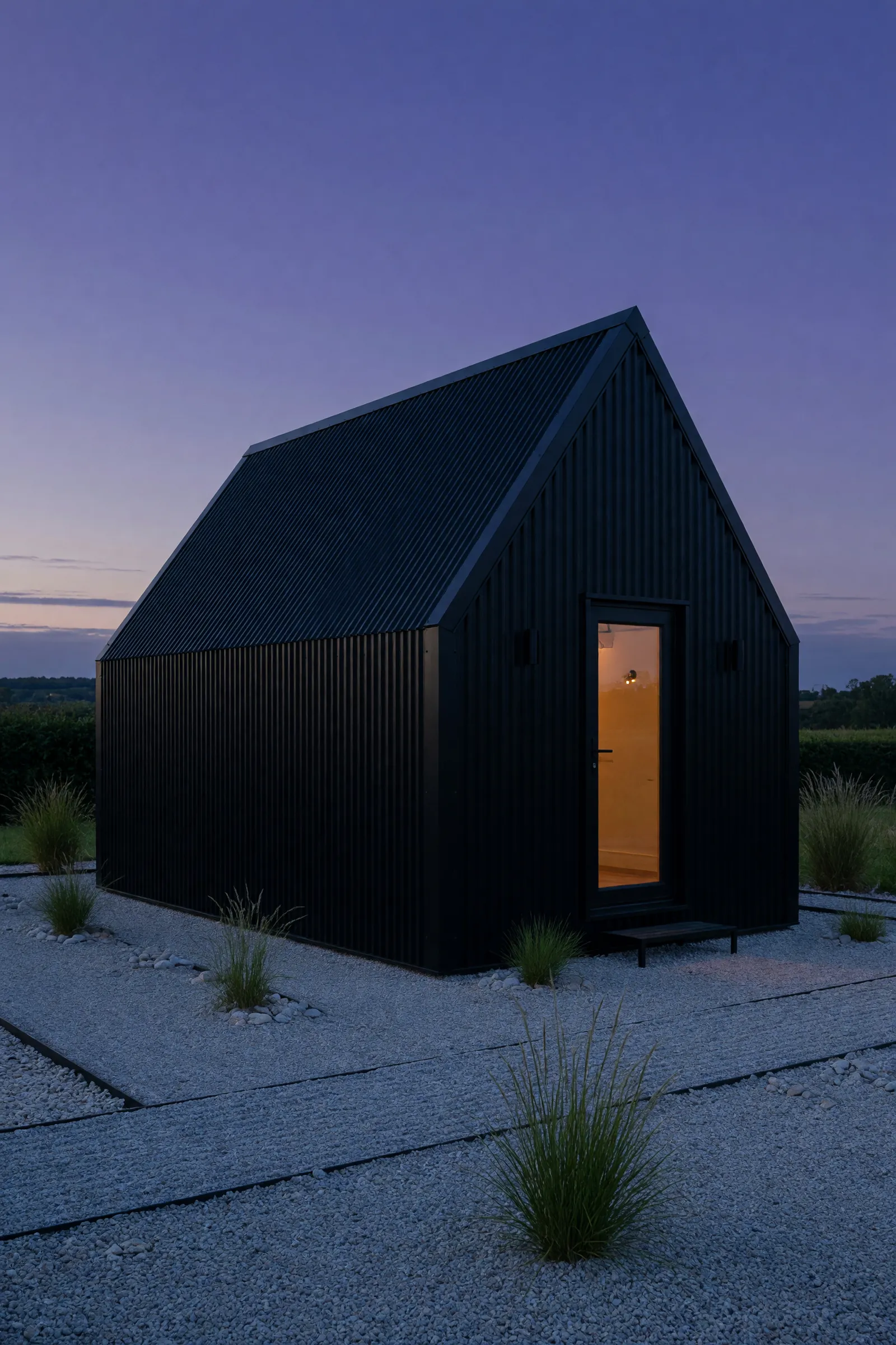 Concept visualisation, not a photograph: jet black, at blue hour in corrugated powder-coated steel.