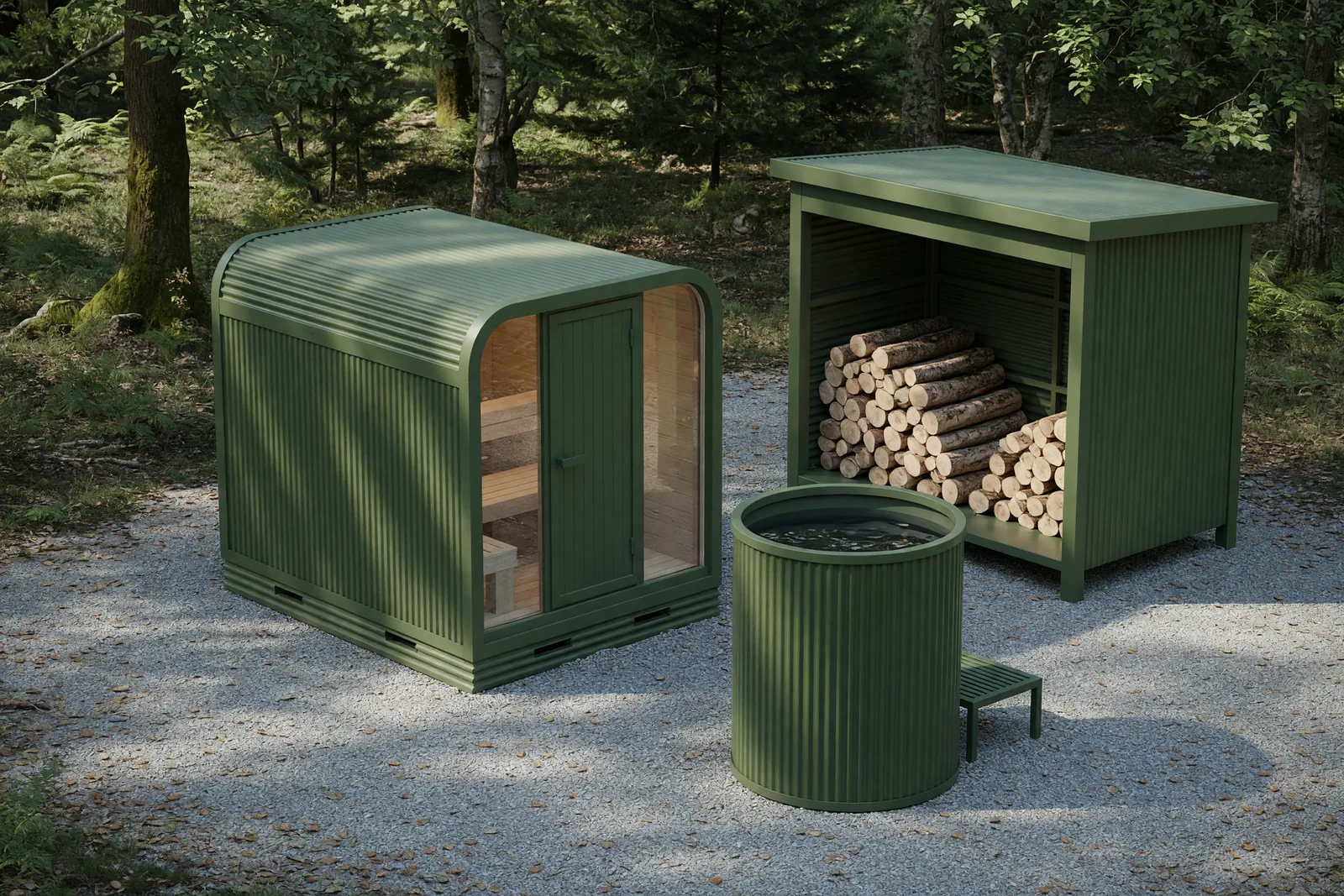 Concept visualisation, not a photograph: one colour, whole set in corrugated powder-coated steel.