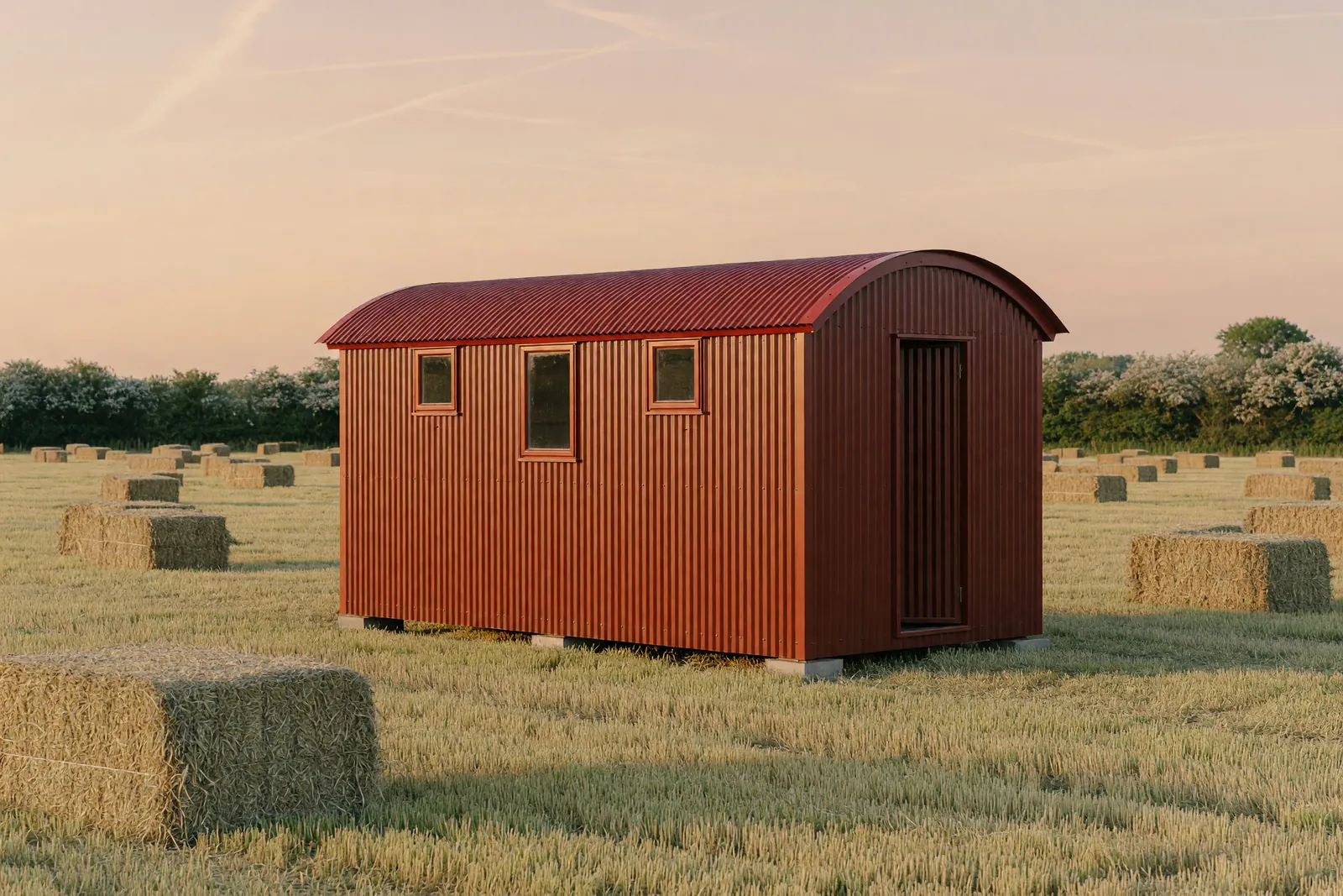 Concept visualisation, not a photograph: red hut, hay meadow in corrugated powder-coated steel.