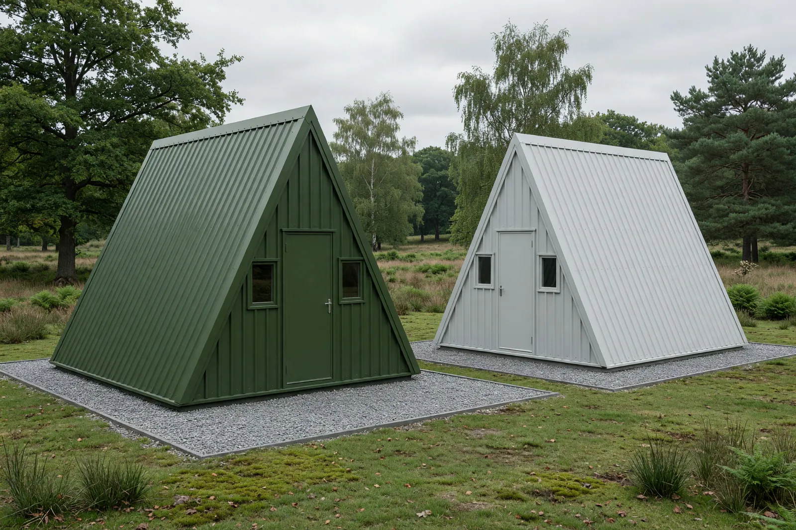 Concept visualisation, not a photograph: same cabin, two colours in corrugated powder-coated steel.