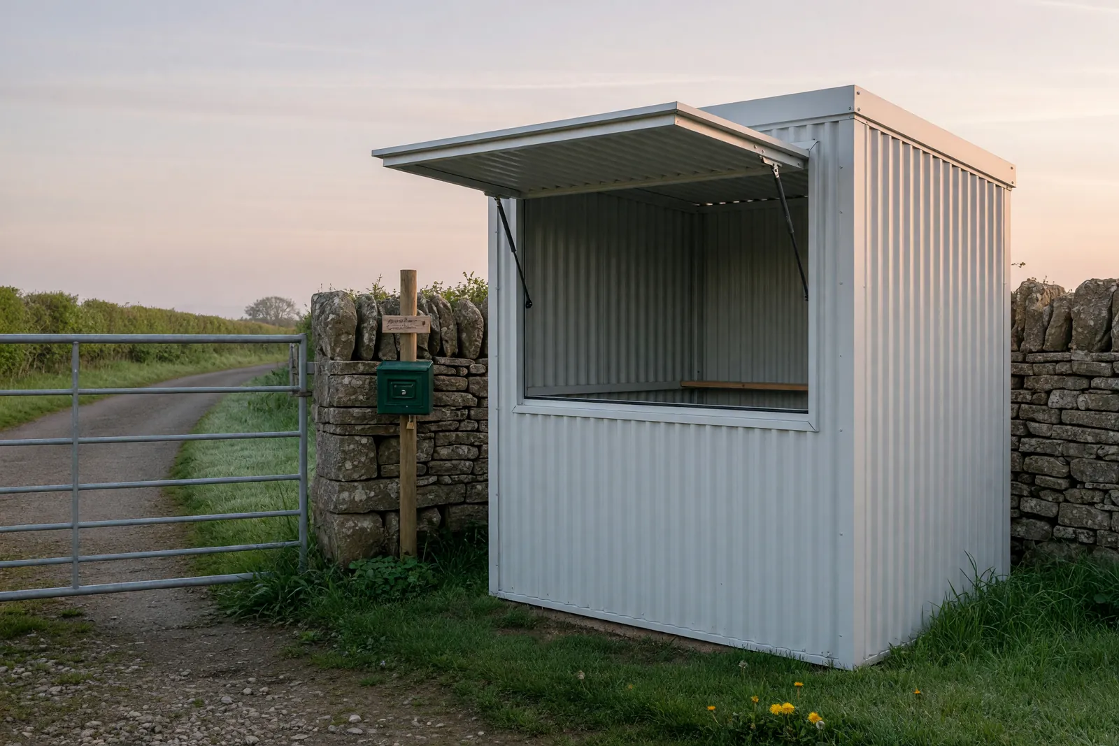 Concept visualisation, not a photograph: white kiosk, farm gate in corrugated powder-coated steel.