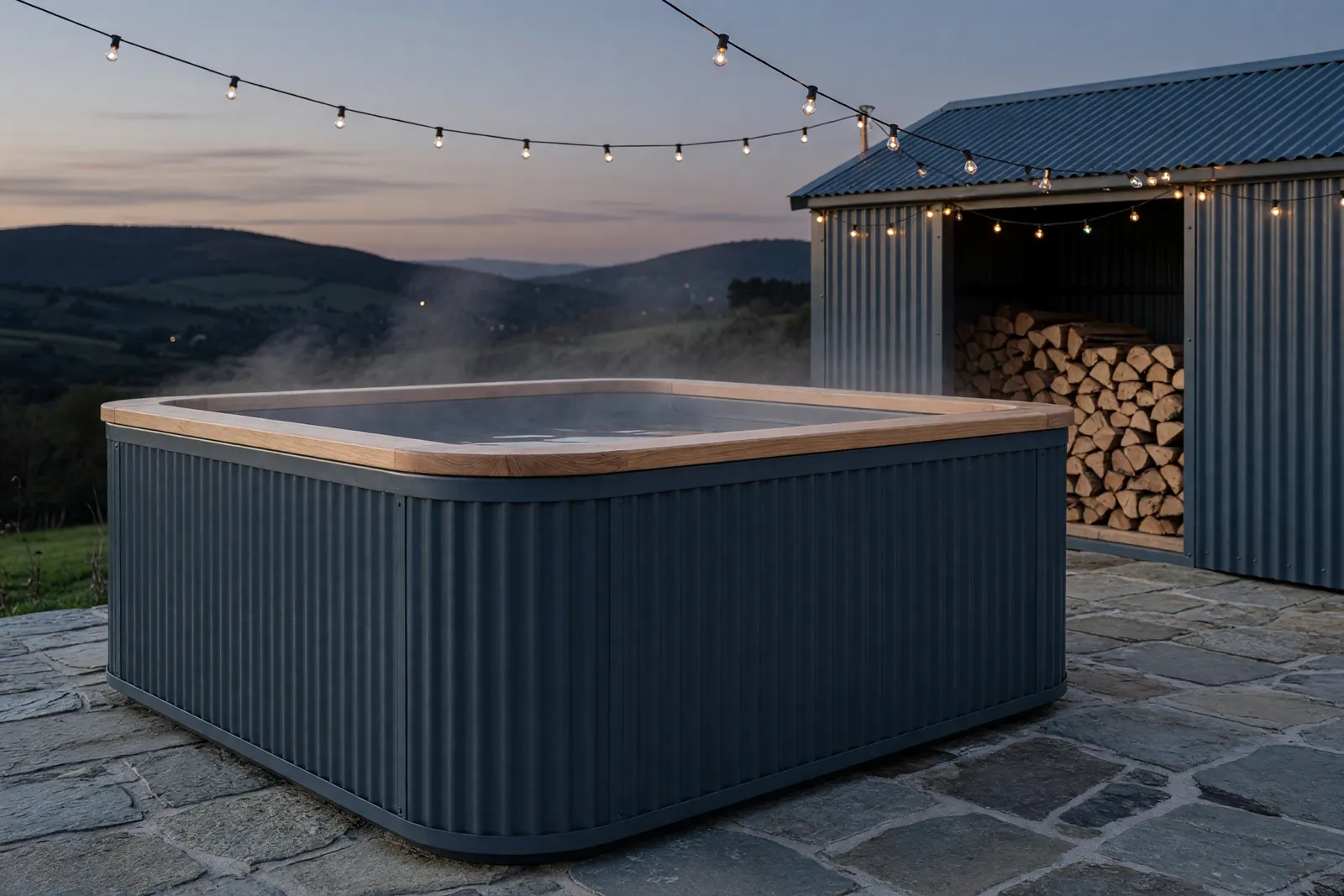 Concept visualisation, not a photograph: grey-blue, steaming in corrugated powder-coated steel.