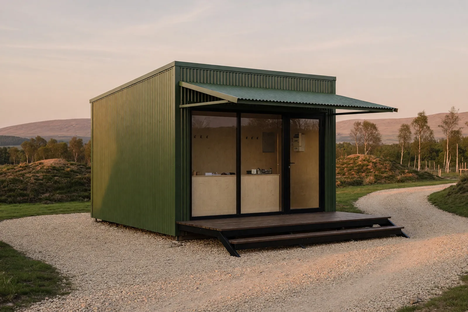 Concept visualisation, not a photograph: site reception in corrugated powder-coated steel.