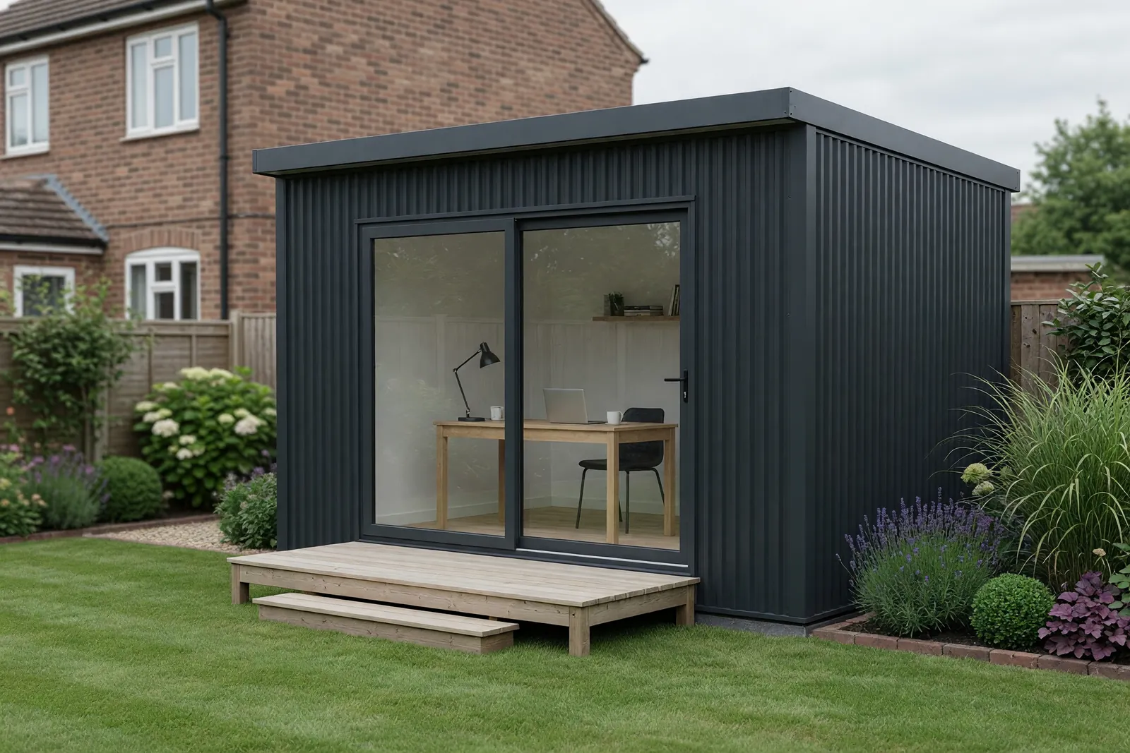 Concept visualisation, not a photograph: garden office in corrugated powder-coated steel.