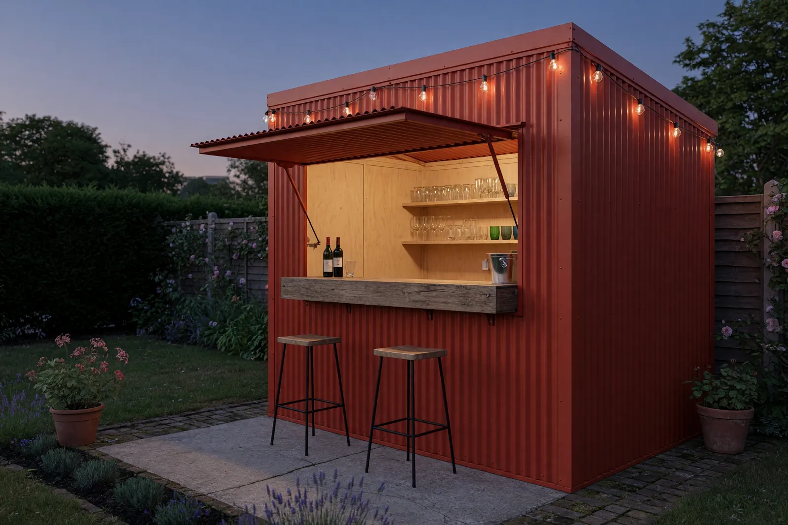 Concept visualisation, not a photograph: garden bar in corrugated powder-coated steel.