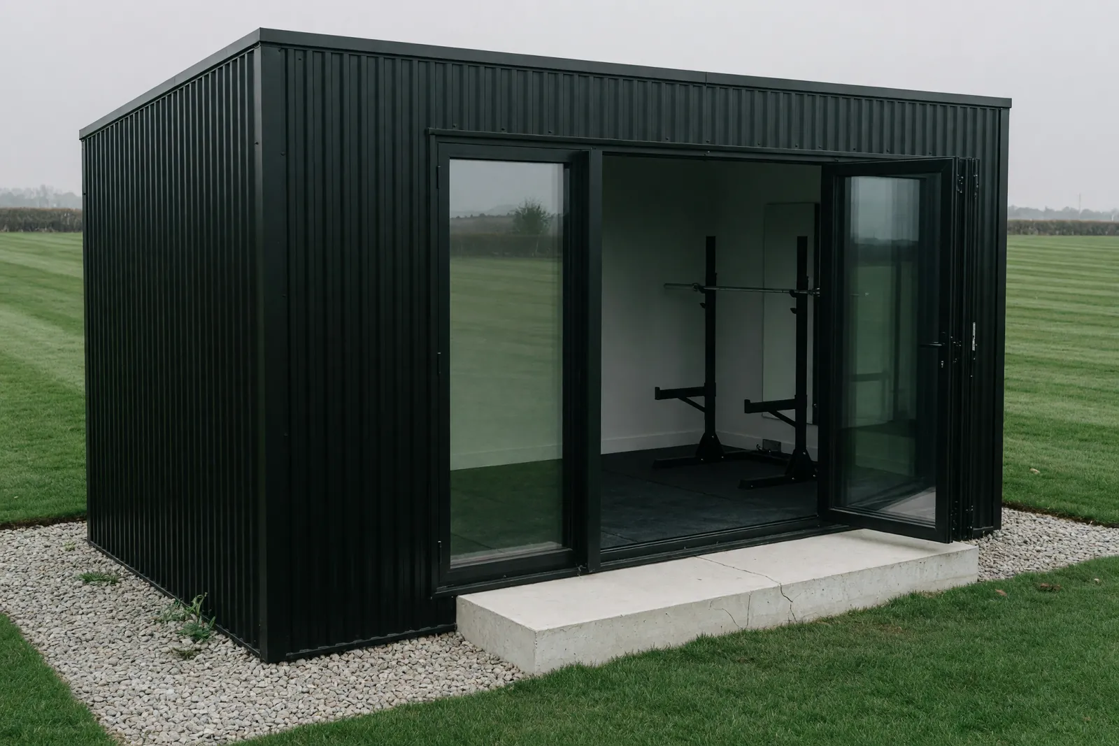 Concept visualisation, not a photograph: home gym in corrugated powder-coated steel.