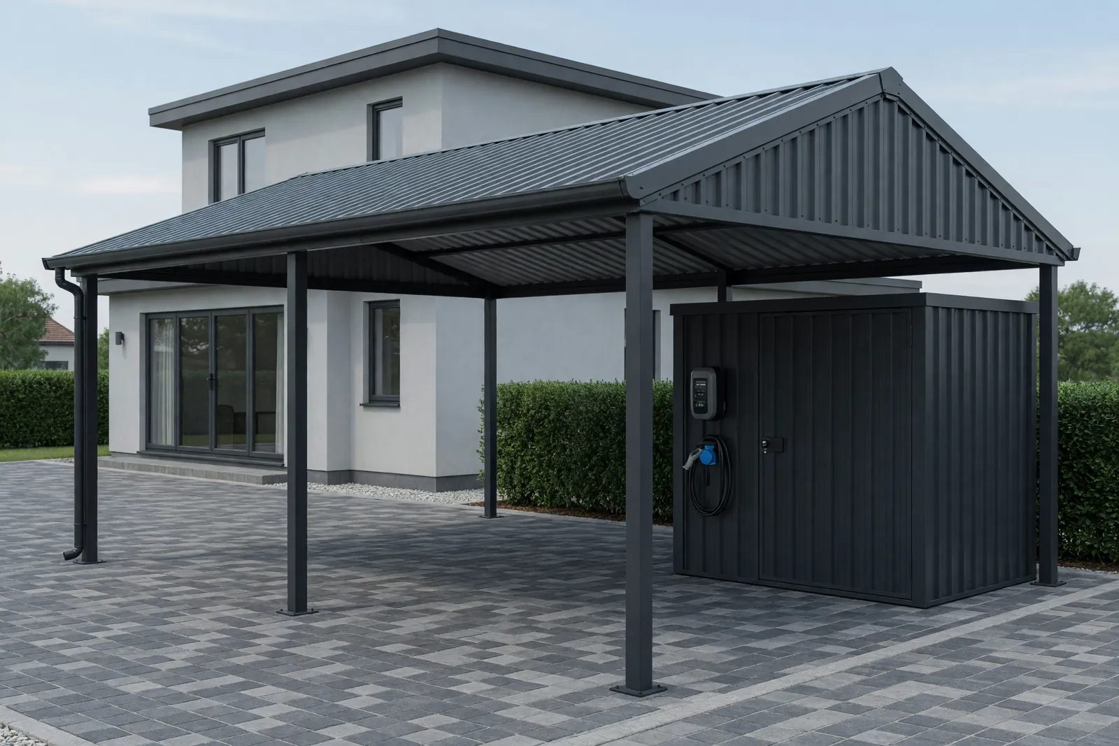 Concept visualisation, not a photograph: carport with ev point in corrugated powder-coated steel.