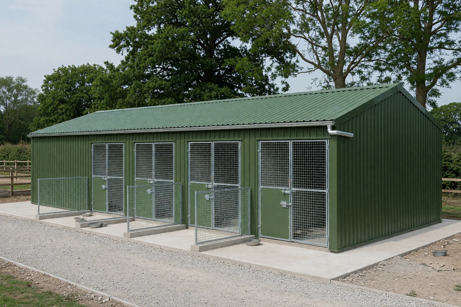 Concept visualisation, not a photograph: kennel block in corrugated powder-coated steel.