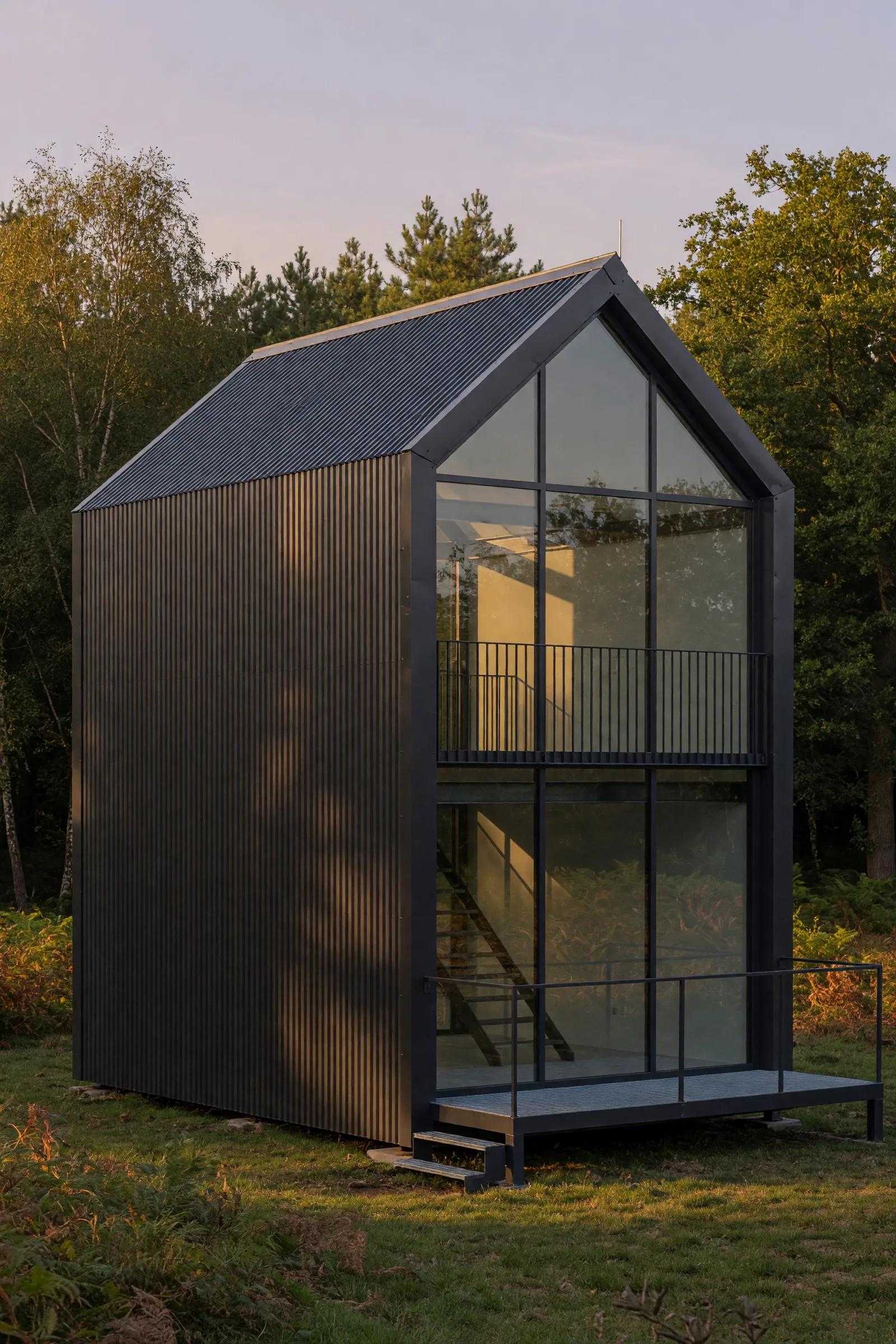 Concept visualisation, not a photograph: mezzanine cabin in corrugated powder-coated steel.