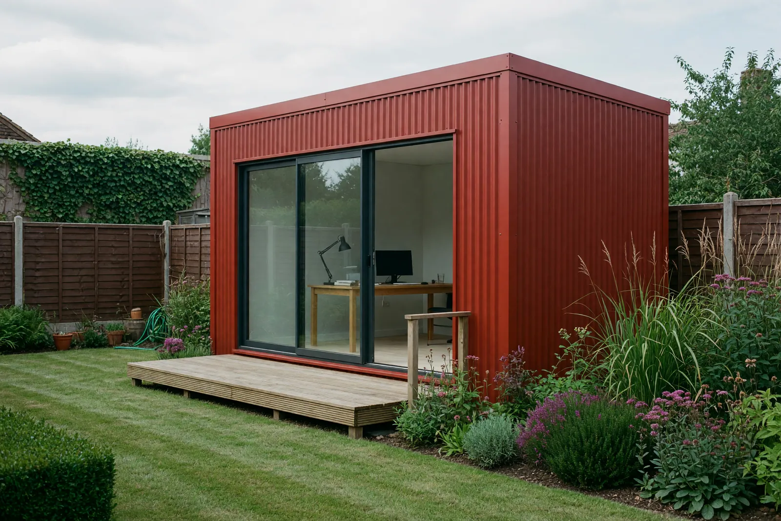 Concept visualisation, not a photograph: office in oxide in corrugated powder-coated steel.