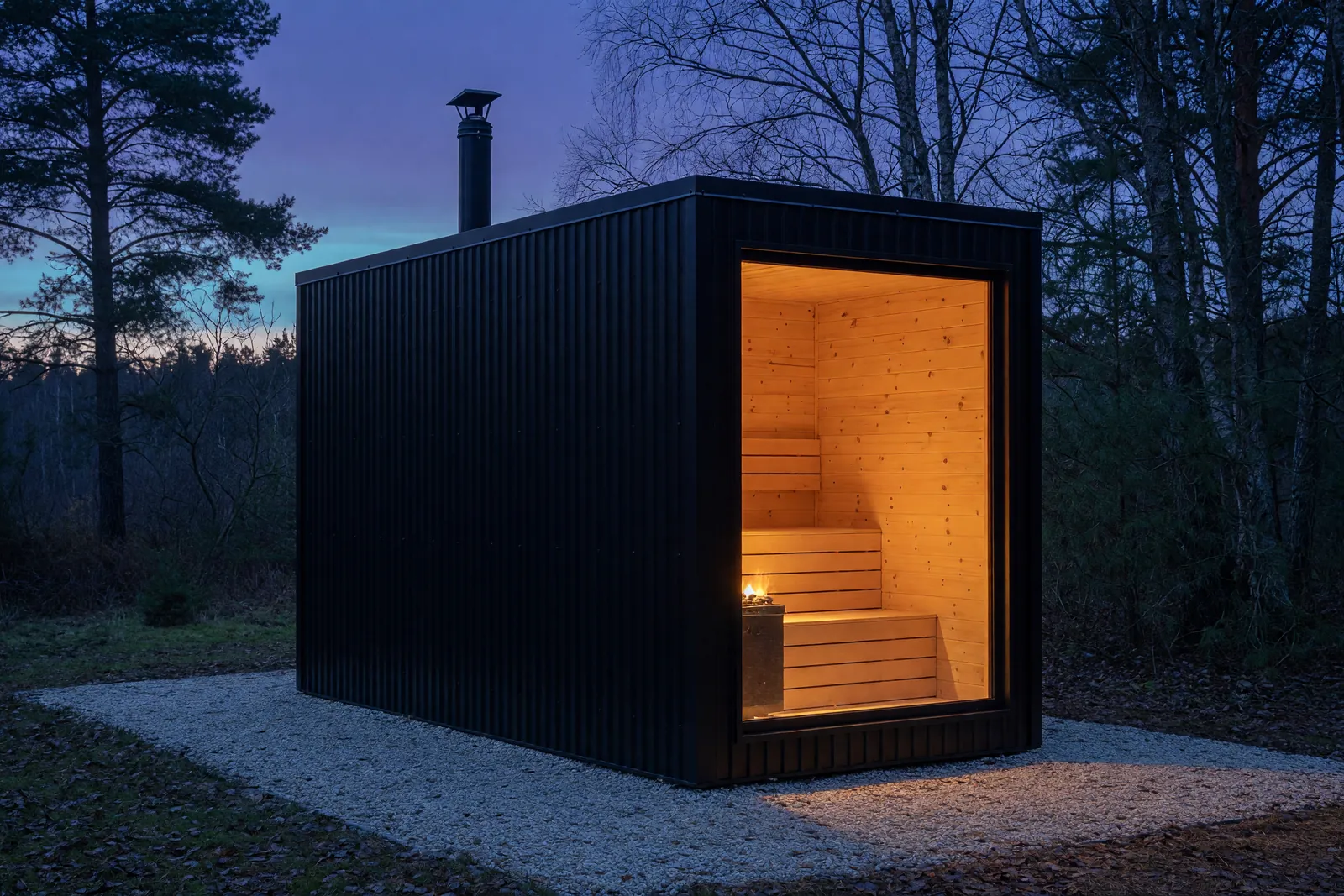 Concept visualisation, not a photograph: sauna in black in corrugated powder-coated steel.