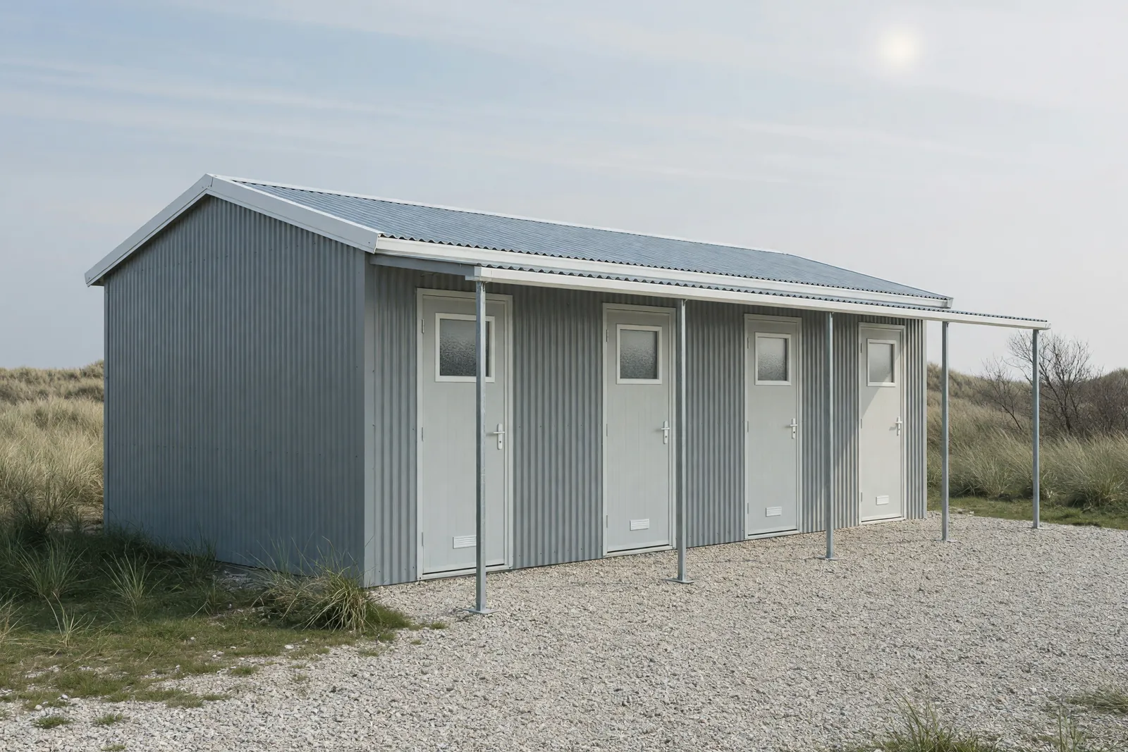 Concept visualisation, not a photograph: coastal amenity block in corrugated powder-coated steel.