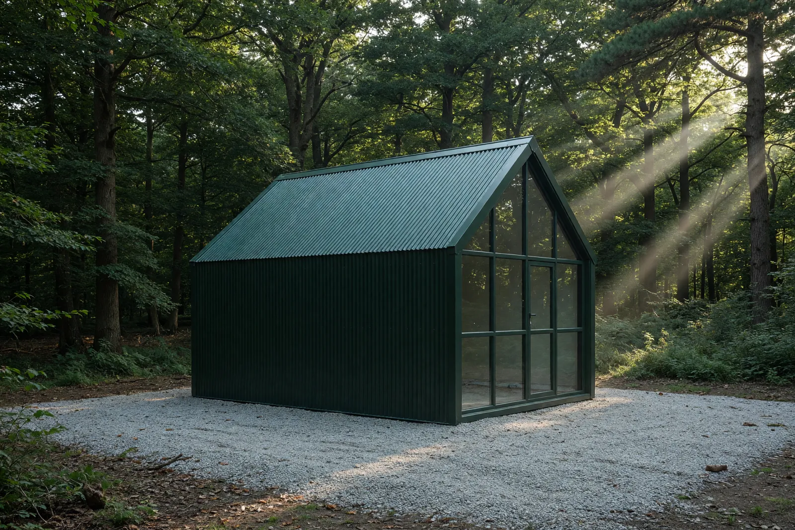 Concept visualisation, not a photograph: gable in fir green in corrugated powder-coated steel.