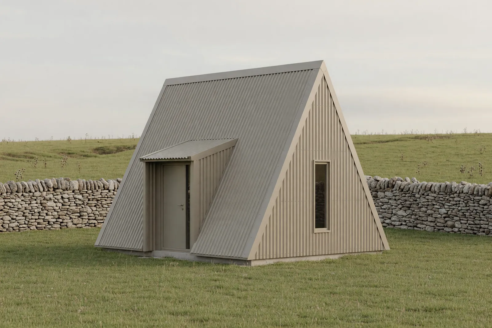 Concept visualisation, not a photograph: a-frame in grey-beige in corrugated powder-coated steel.
