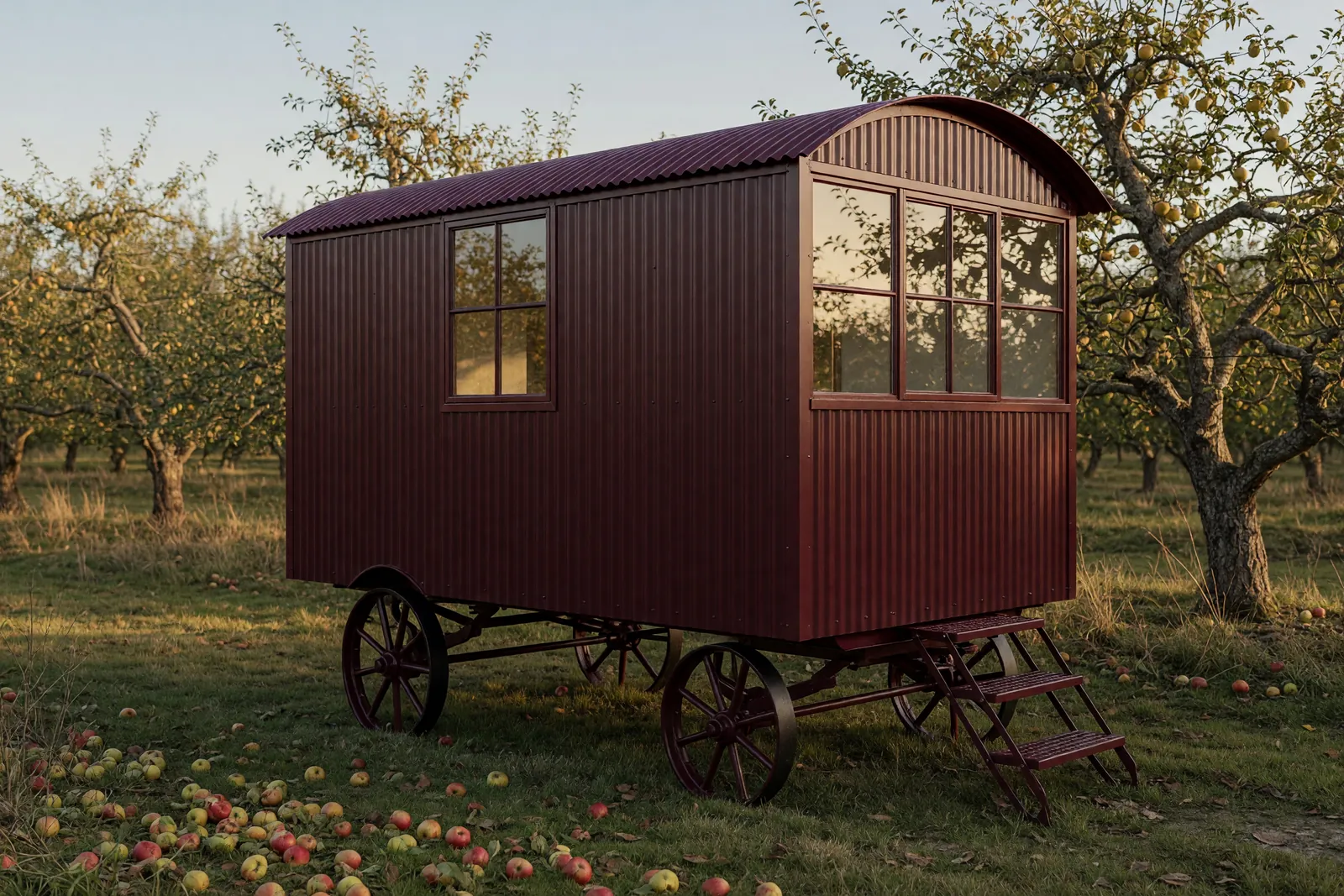 Concept visualisation, not a photograph: hut in wine red in corrugated powder-coated steel.