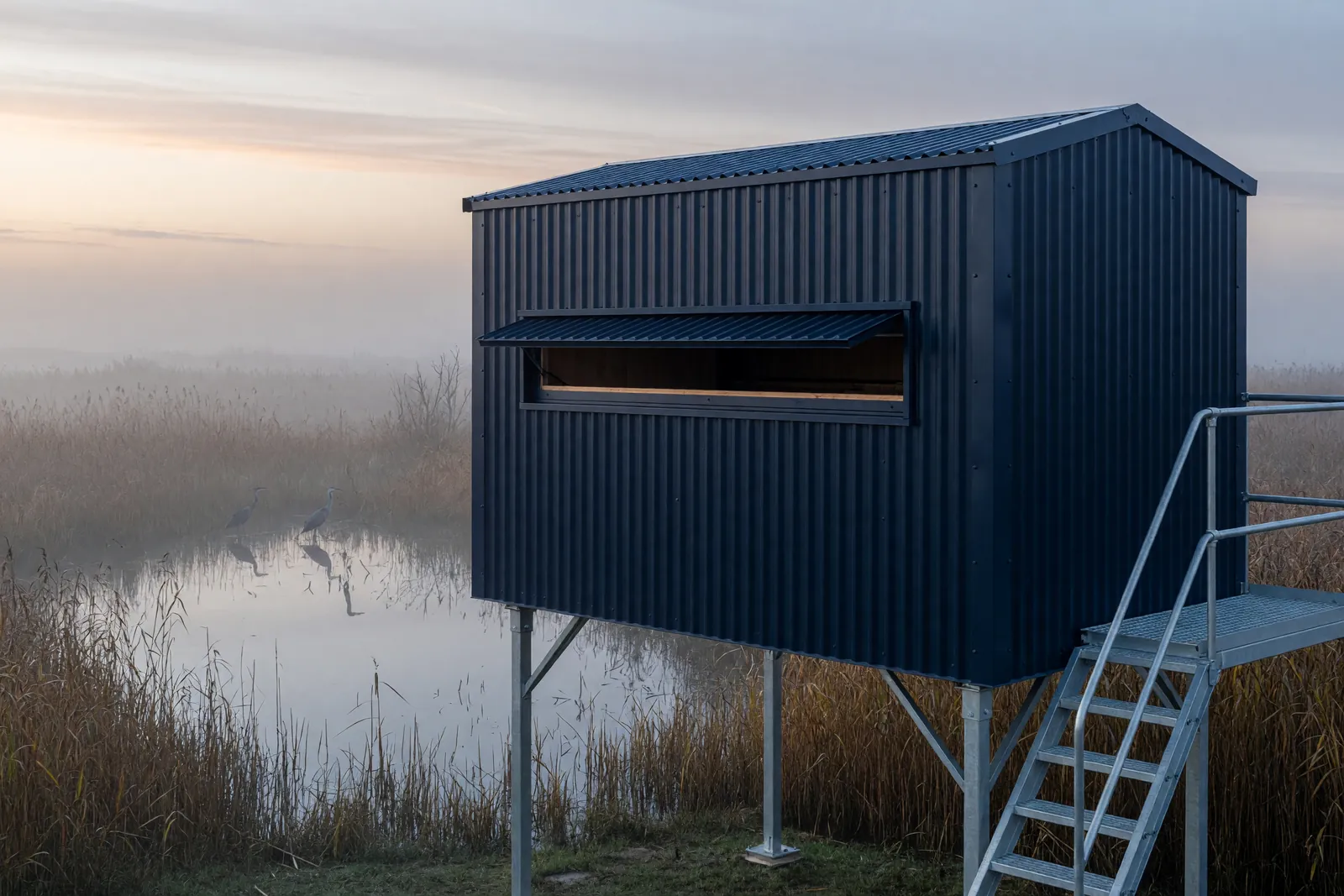 Concept visualisation, not a photograph: lookout in steel blue in corrugated powder-coated steel.
