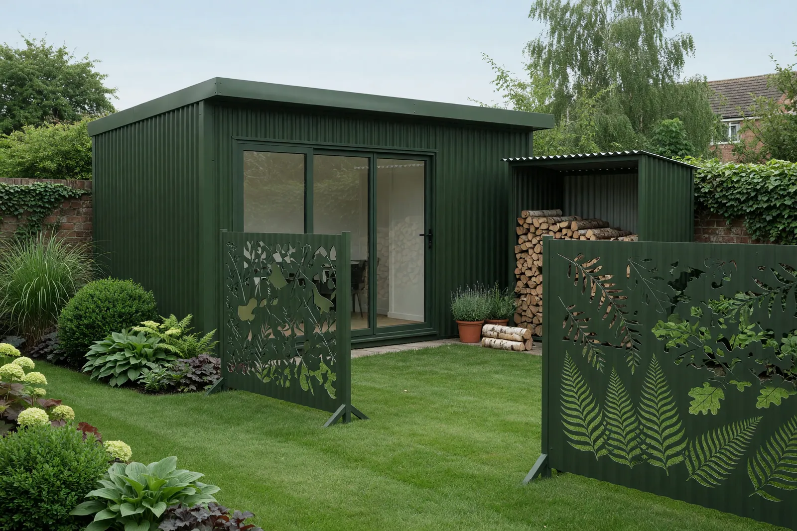 Concept visualisation, not a photograph: matched garden set in corrugated powder-coated steel.