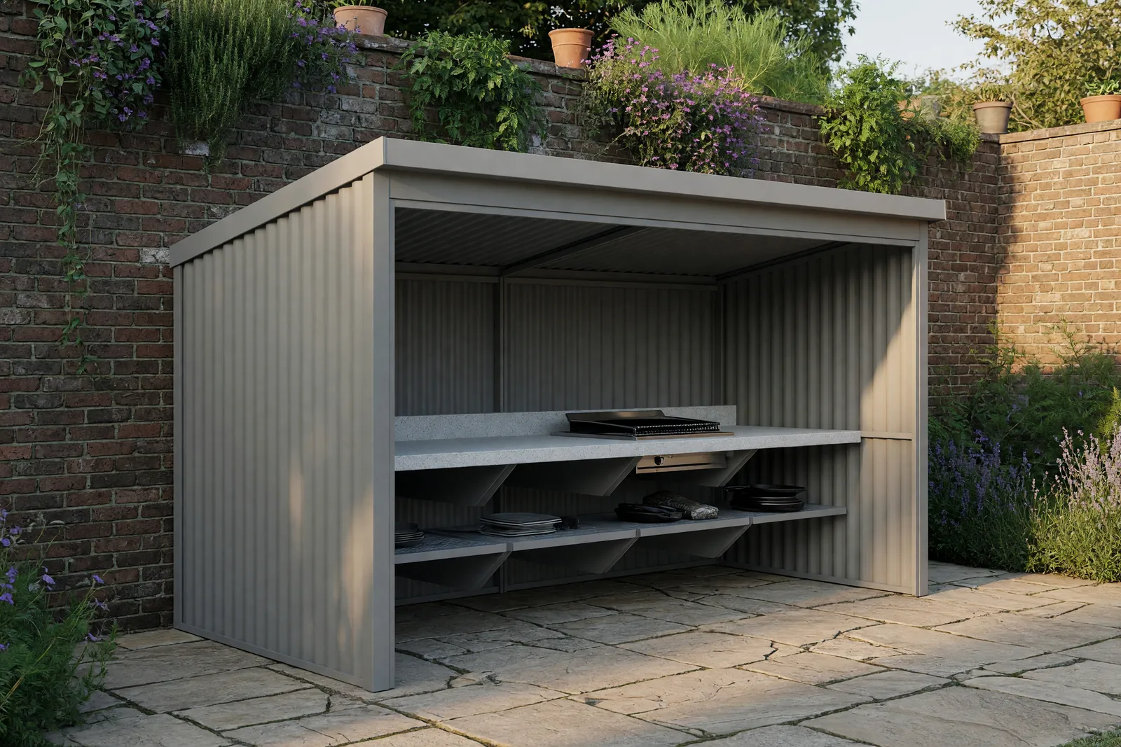 Concept visualisation, not a photograph: kitchen in quartz grey in corrugated powder-coated steel.