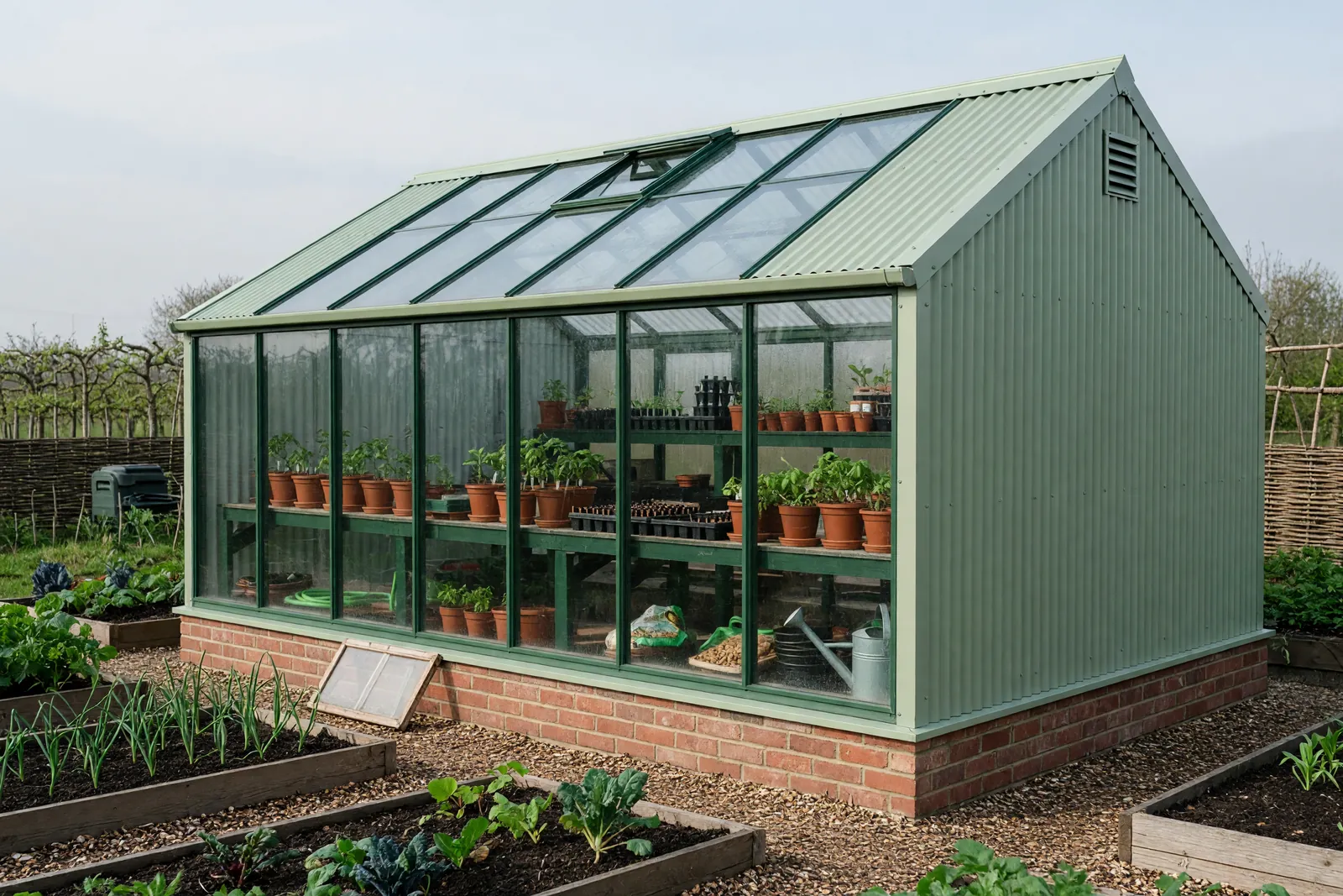 Concept visualisation, not a photograph: potting shed in sage in corrugated powder-coated steel.