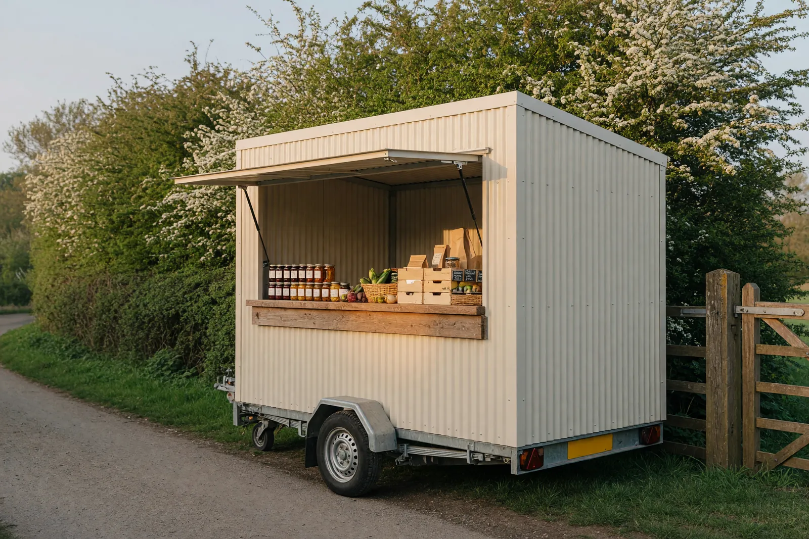 Concept visualisation, not a photograph: trailer shop in cream in corrugated powder-coated steel.