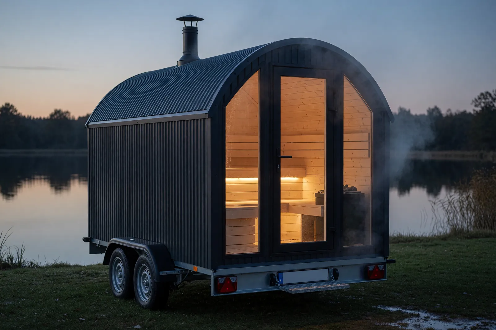 Concept visualisation, not a photograph: sauna on wheels in corrugated powder-coated steel.