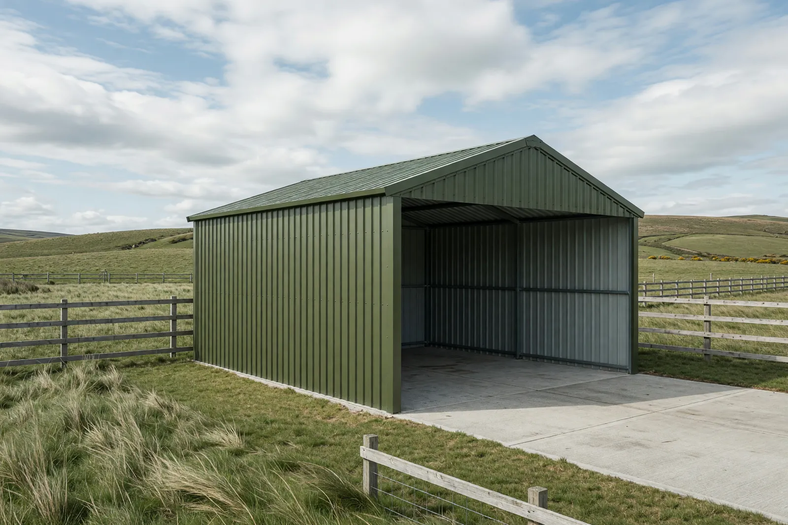 Concept visualisation, not a photograph: shelter in olive in corrugated powder-coated steel.