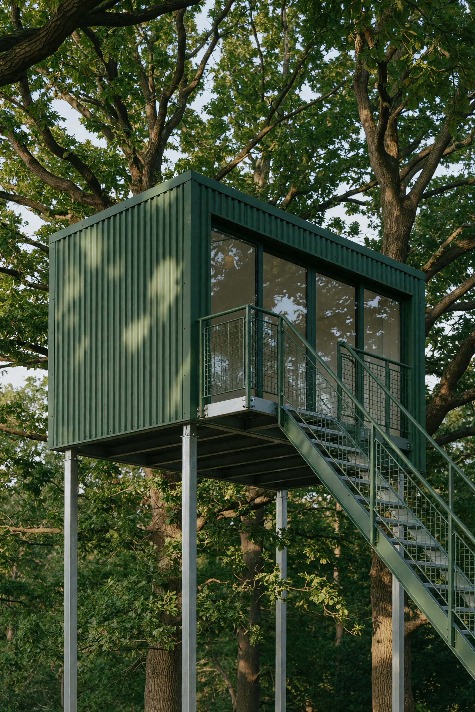 Concept visualisation, not a photograph: treehouse in pine green in corrugated powder-coated steel.