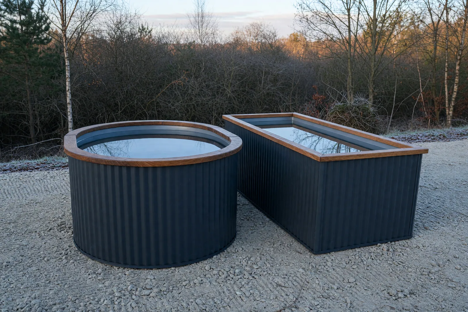 Concept visualisation, not a photograph: plunges in basalt in corrugated powder-coated steel.