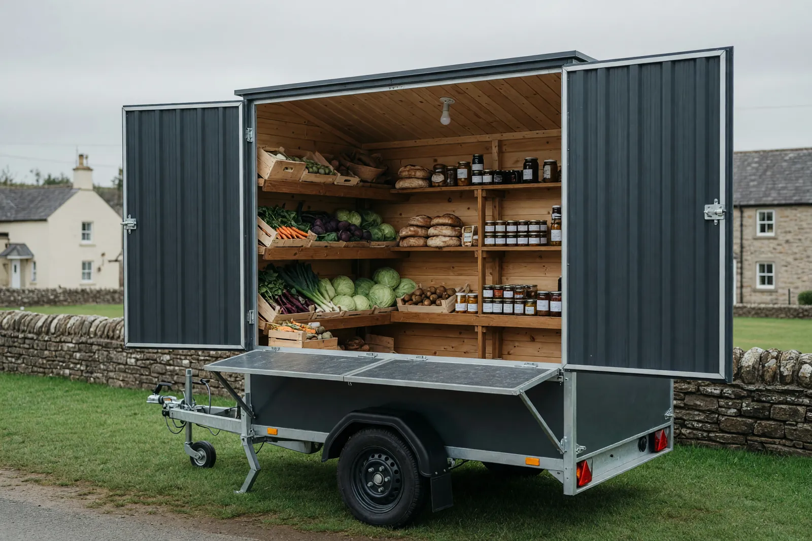 Concept visualisation, not a photograph: full open side in corrugated powder-coated steel.